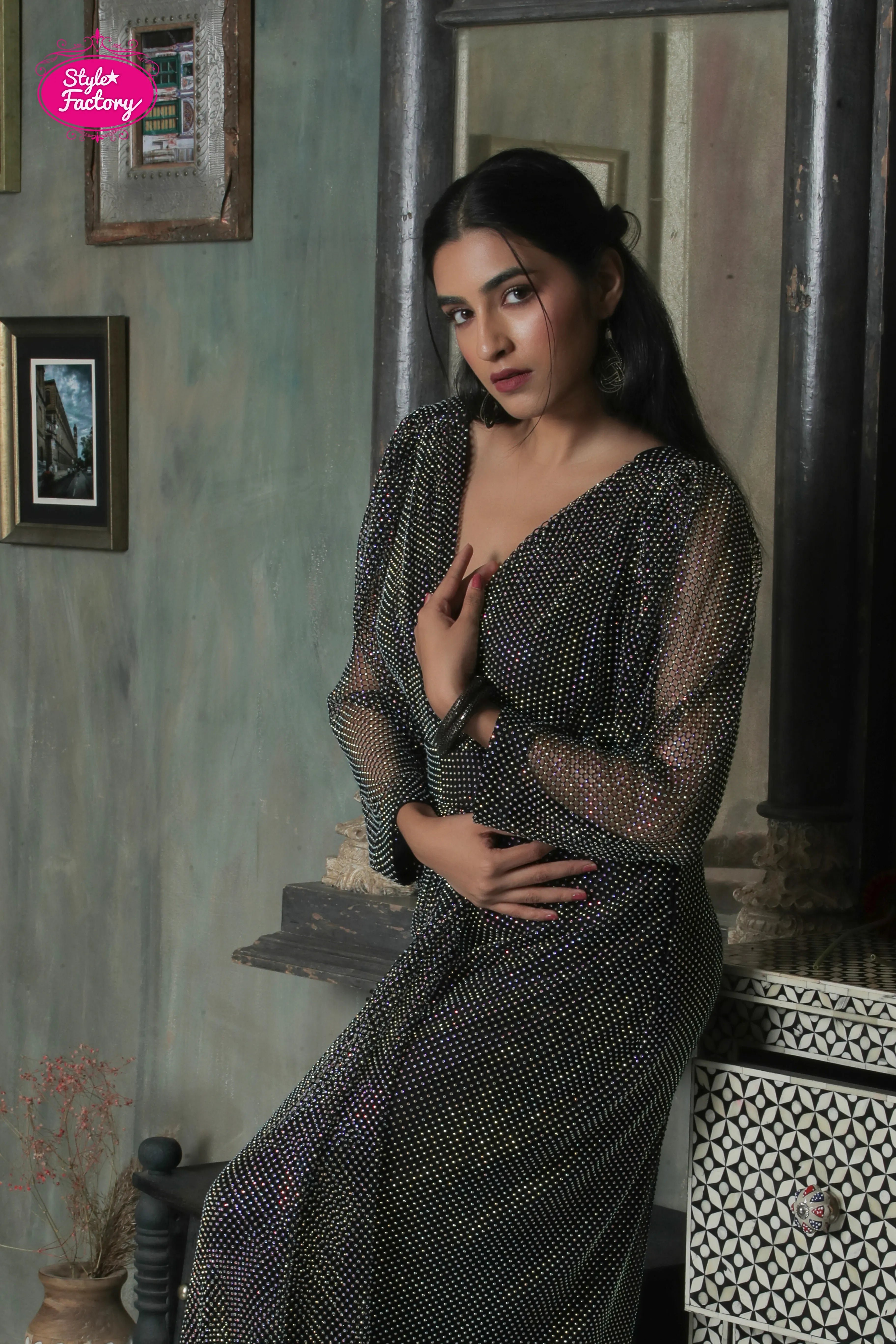 Black Glitter Drape Gown