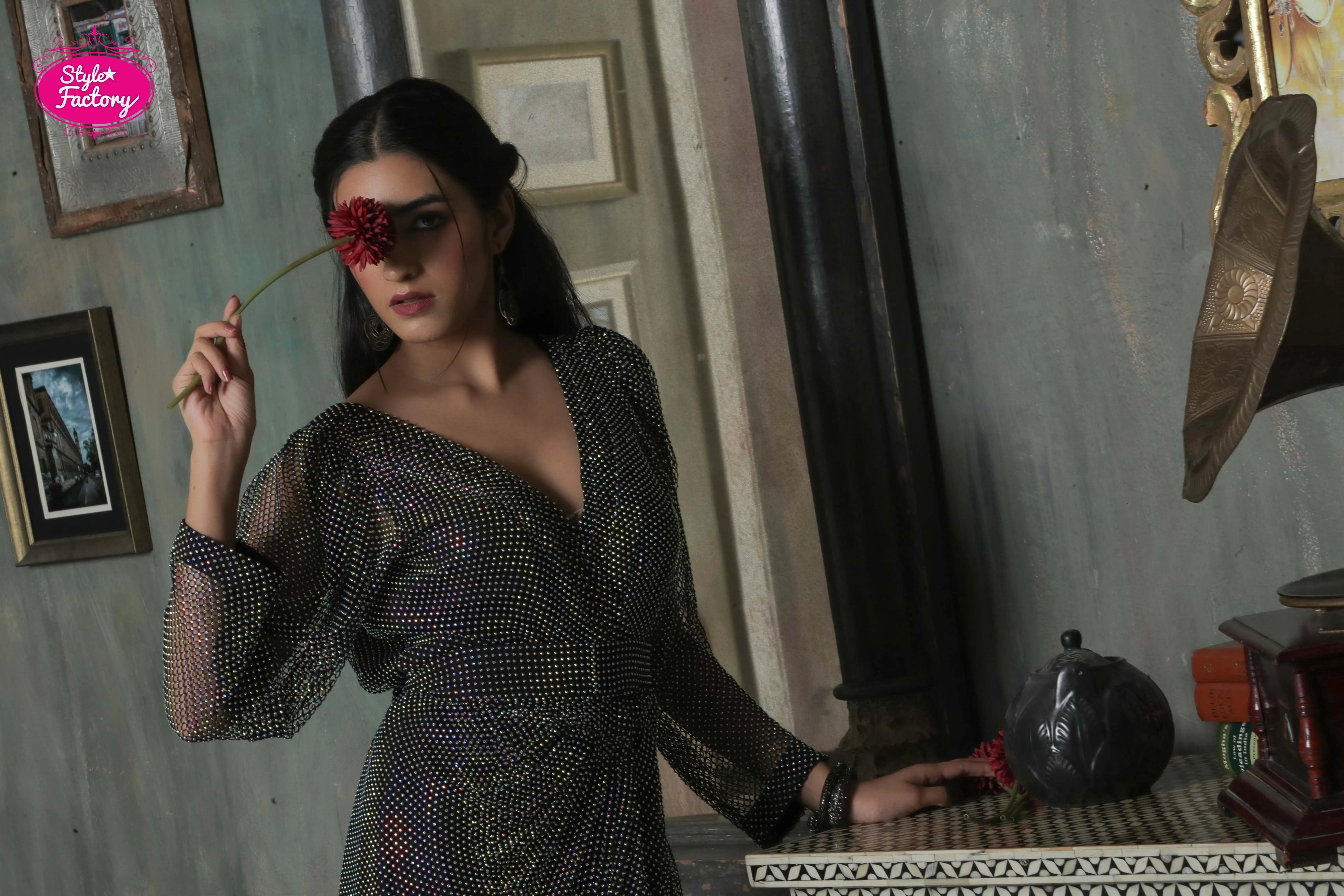 Black Glitter Drape Gown