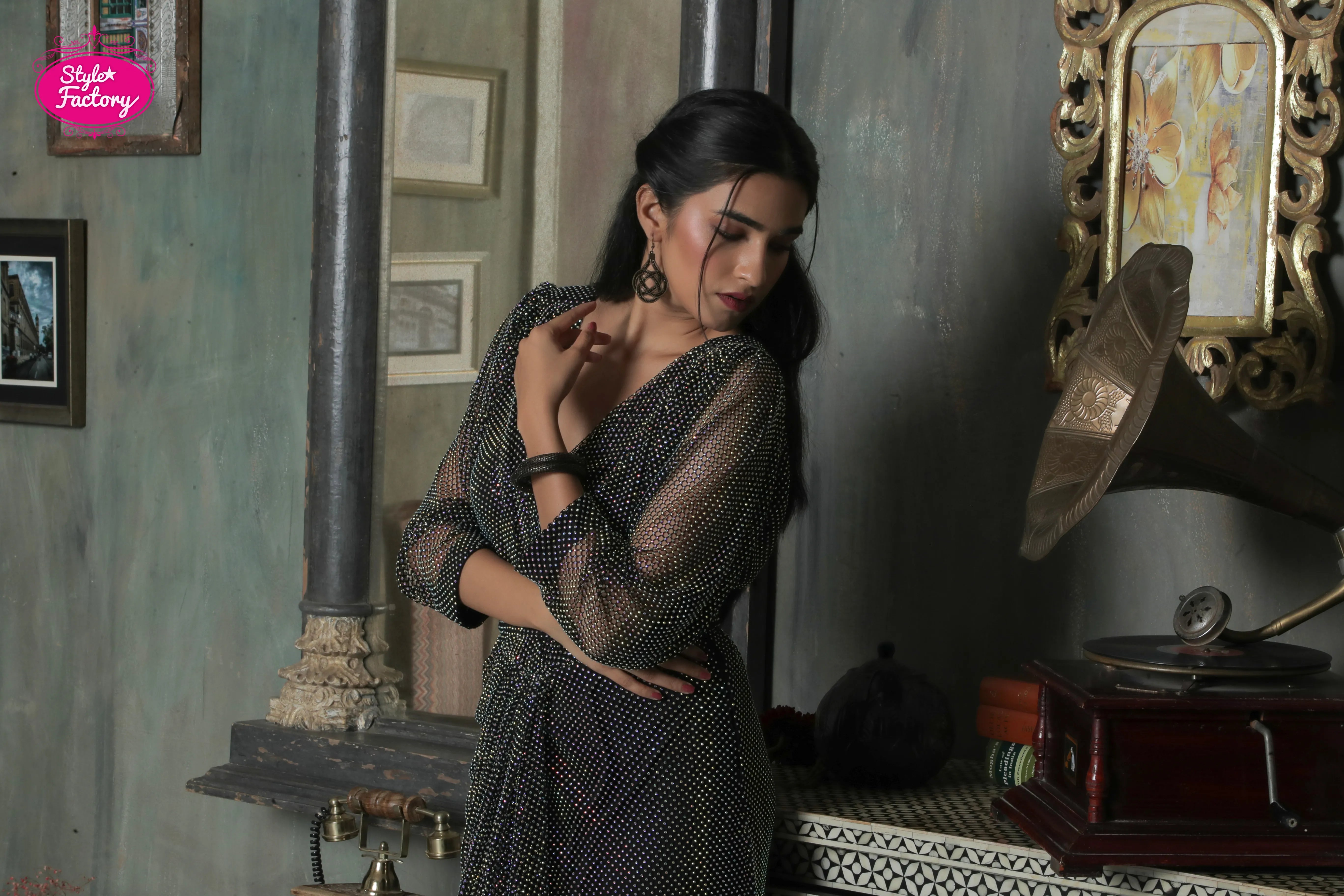 Black Glitter Drape Gown