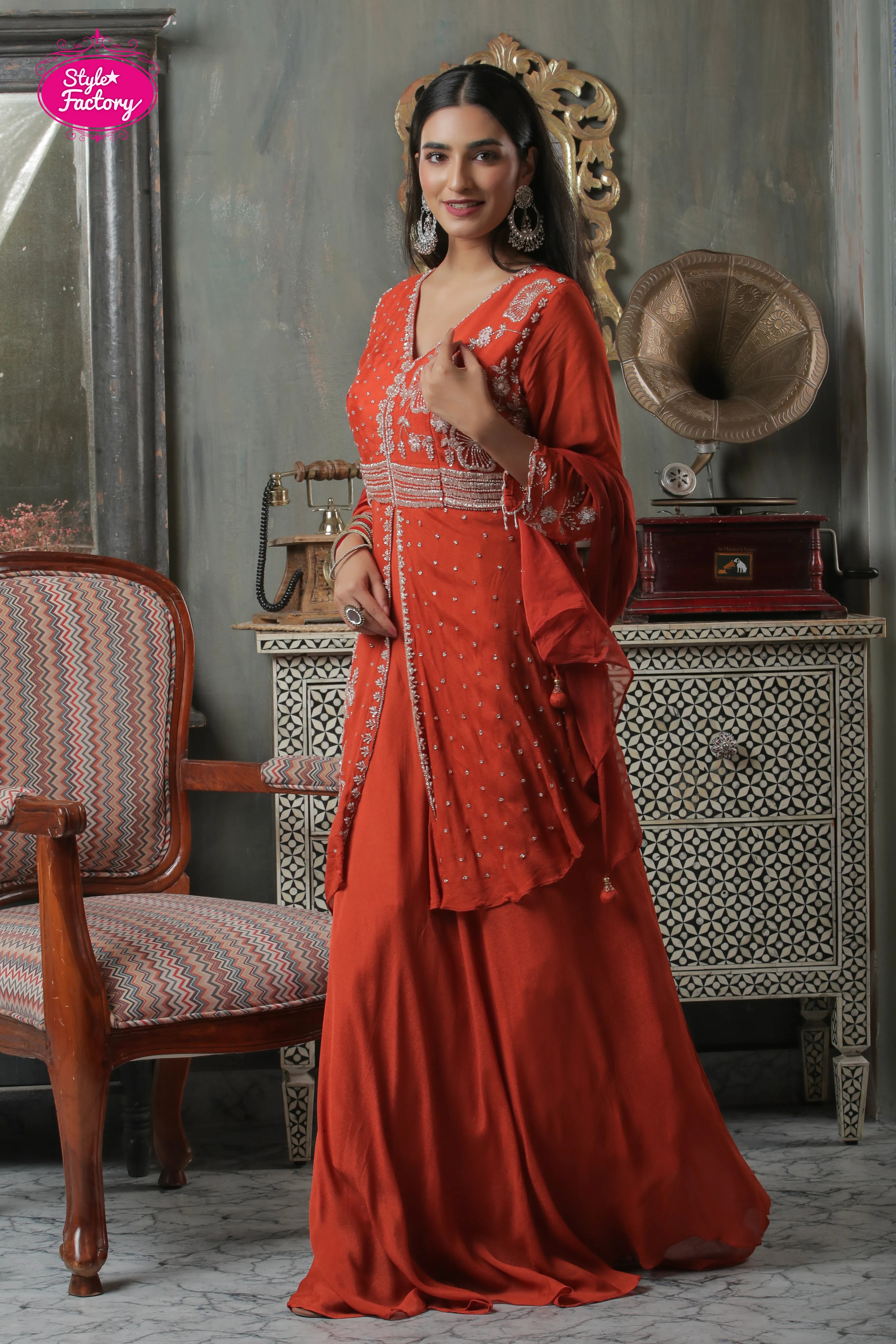 Center Slit Indo-Western Gown with Dupatta