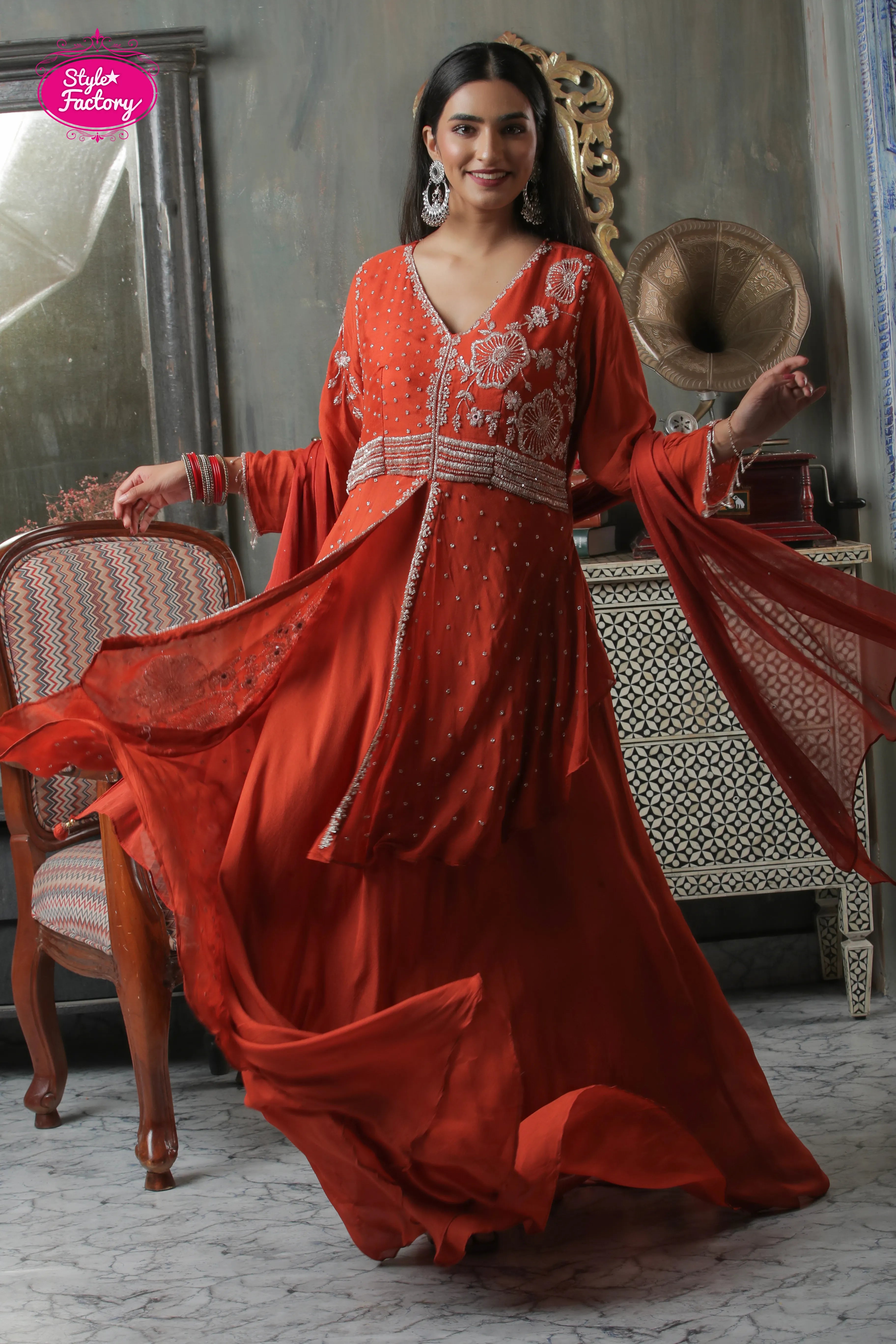 Center Slit Indo-Western Gown with Dupatta
