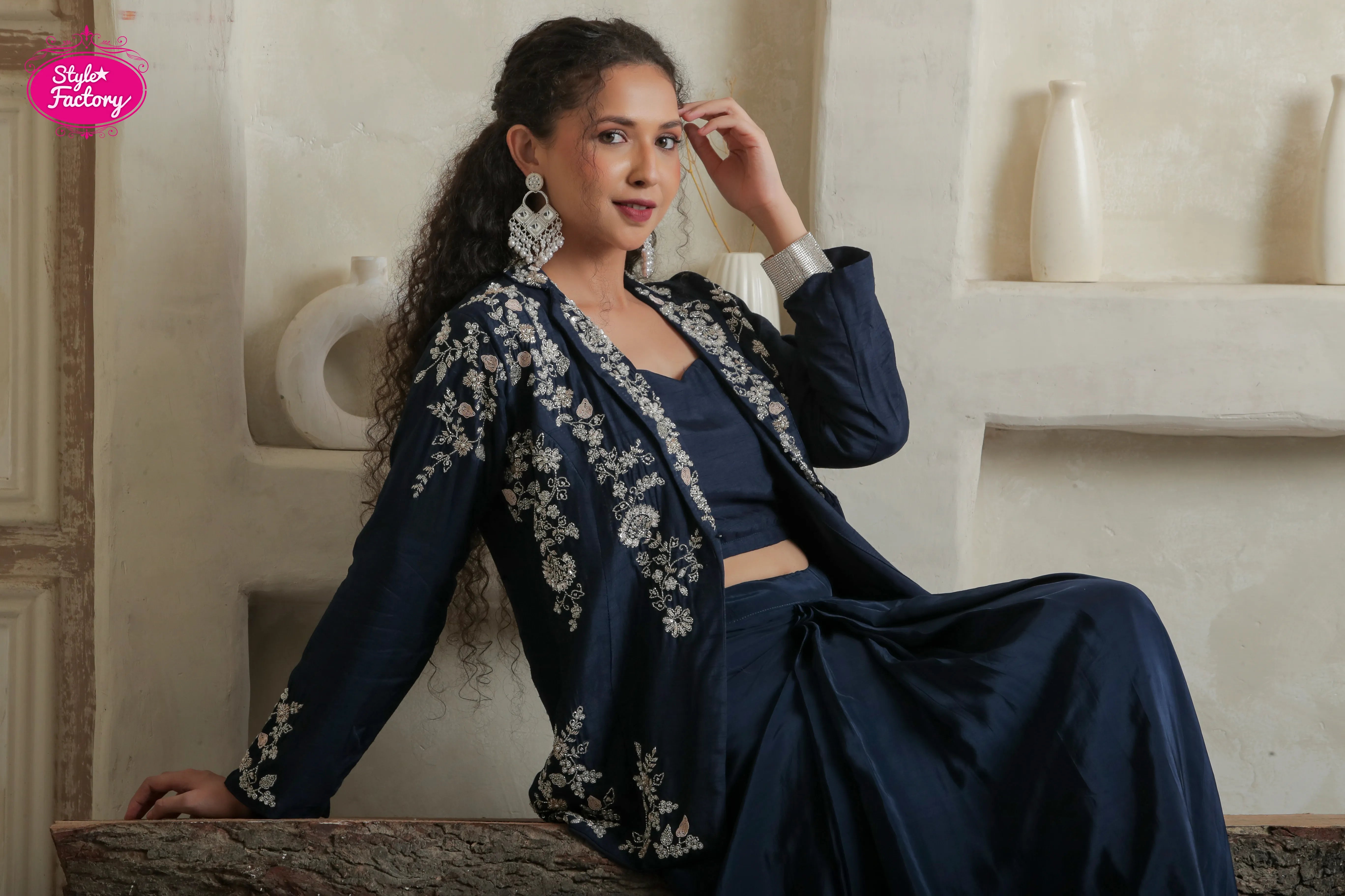 Dark Navy Blue Indowestern Drape 3-Piece Dress