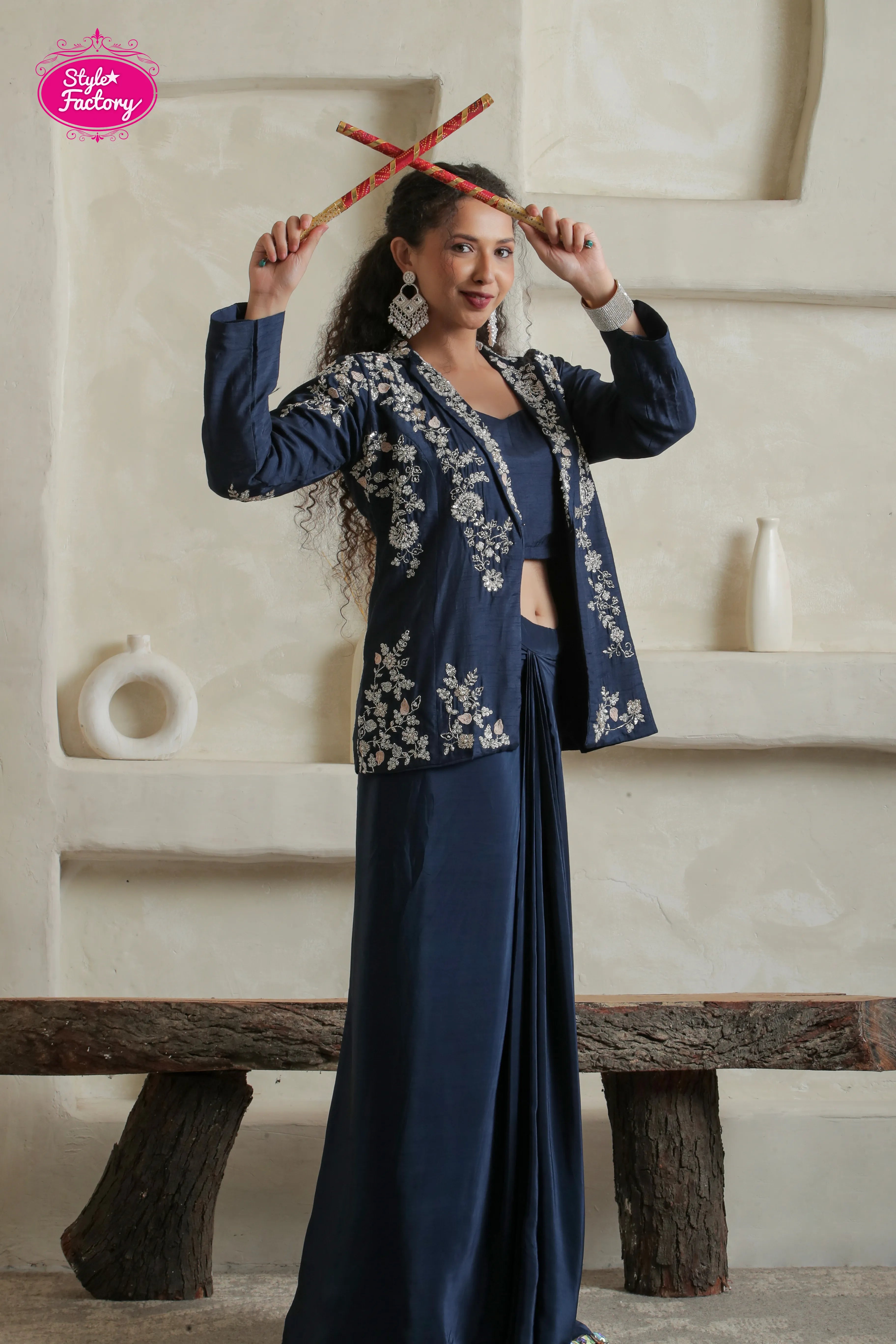 Dark Navy Blue Indowestern Drape 3-Piece Dress