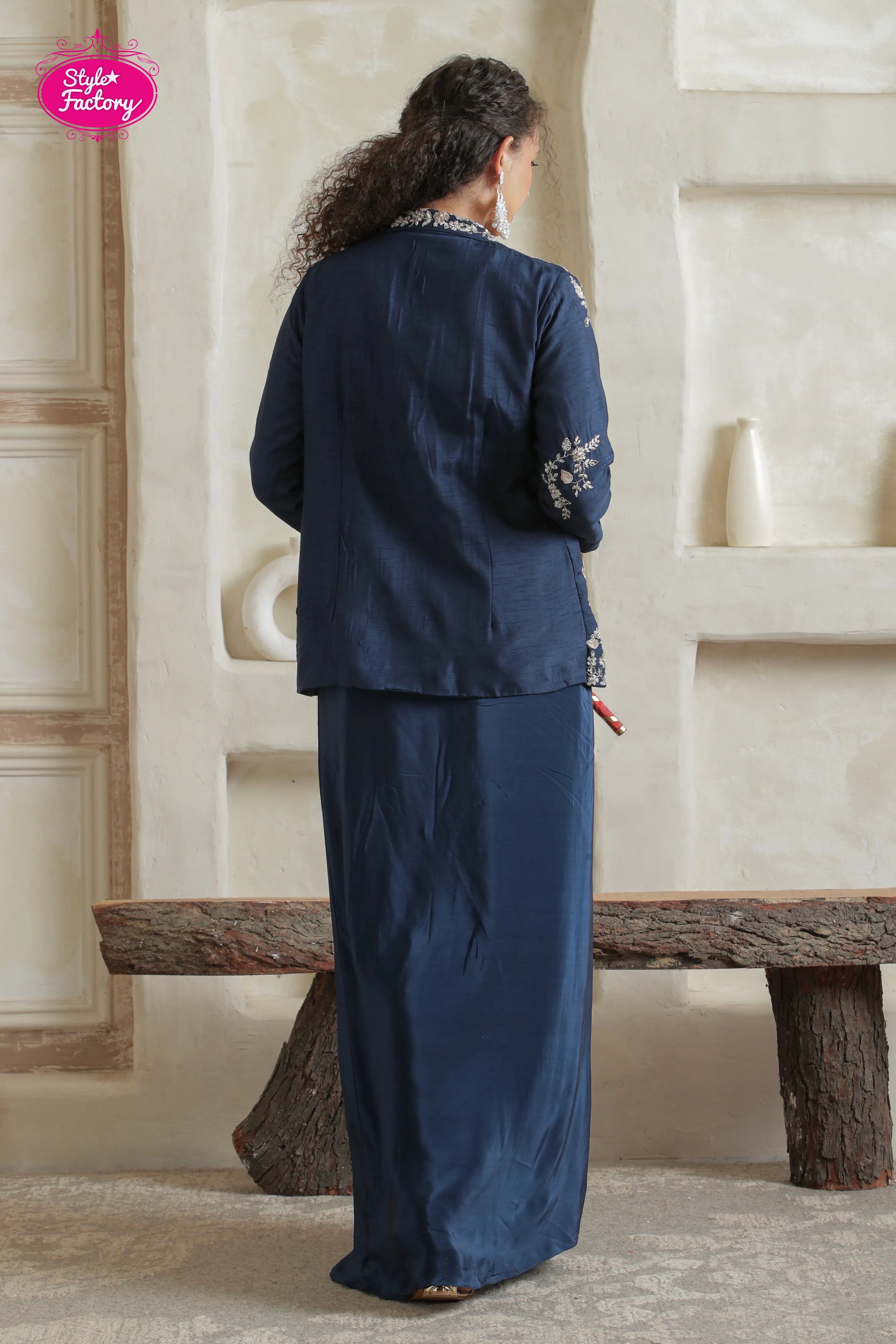 Dark Navy Blue Indowestern Drape 3-Piece Dress
