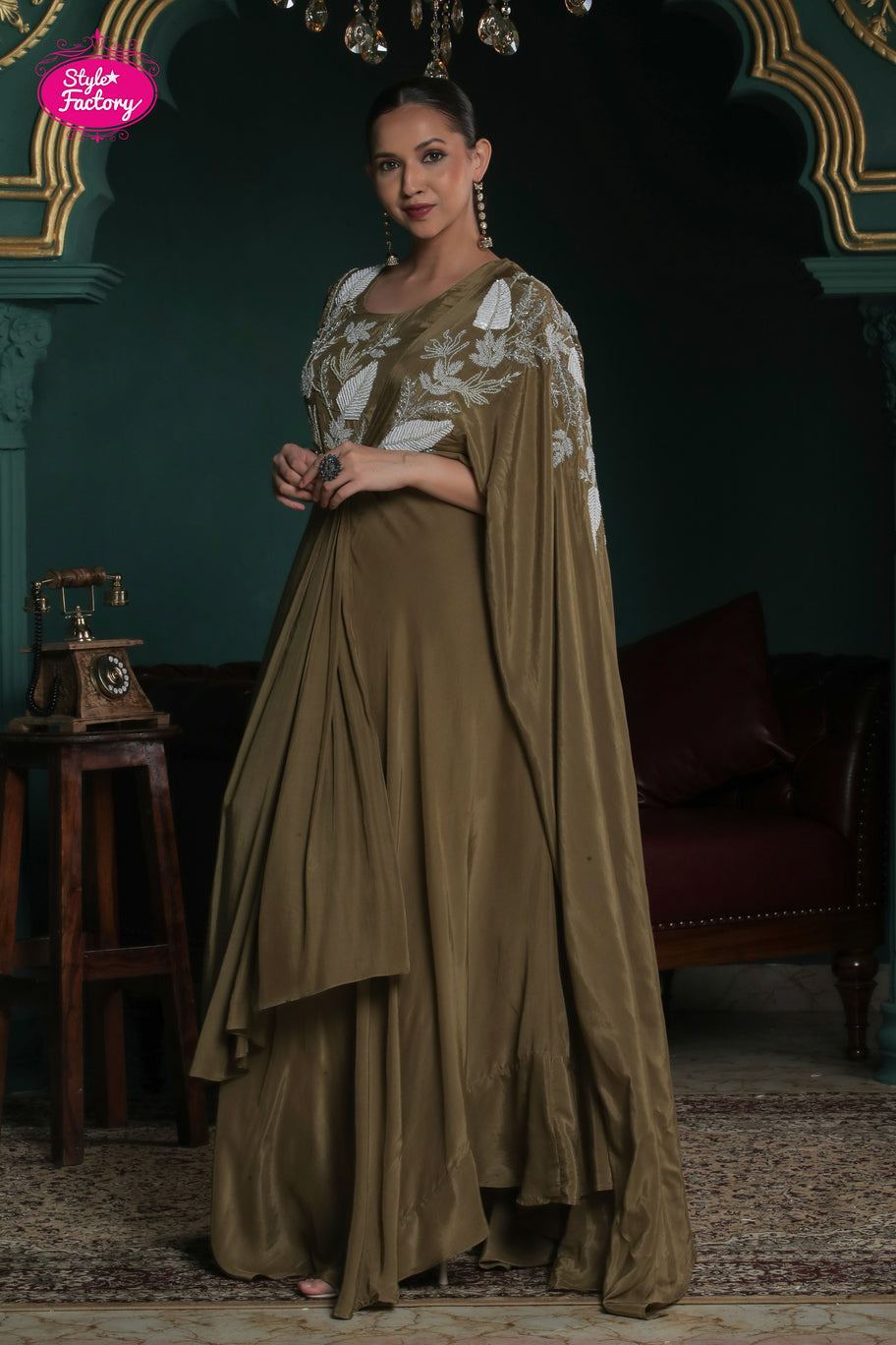Olive Green Indo-Western Gown