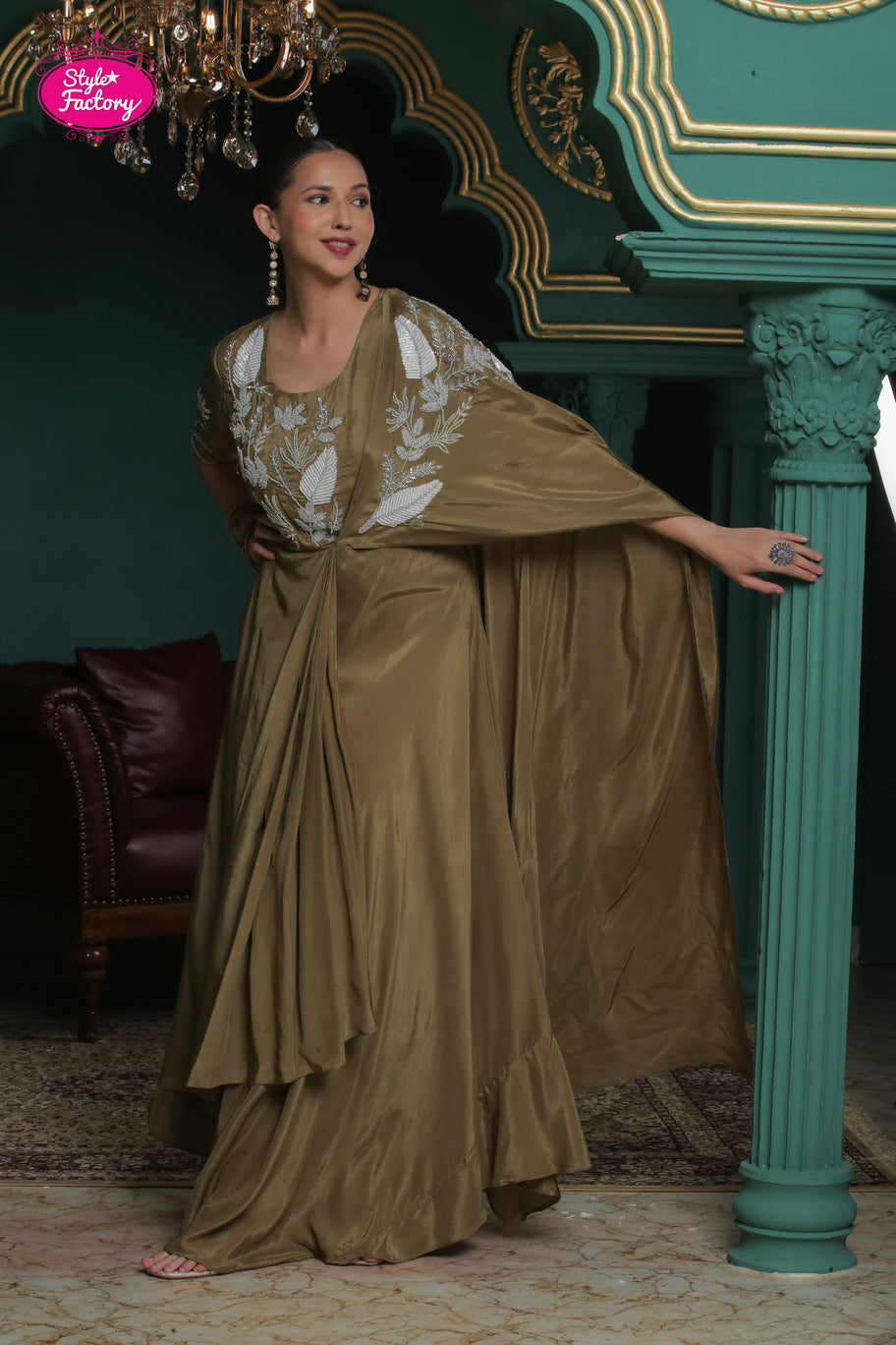 Olive Green Indo-Western Gown