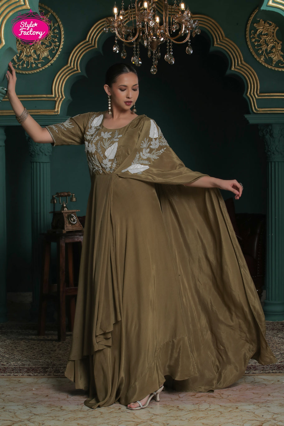Olive Green Indo-Western Gown