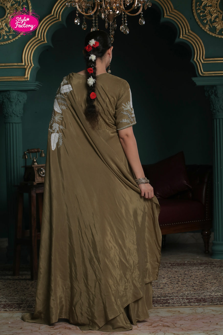 Olive Green Indo-Western Gown