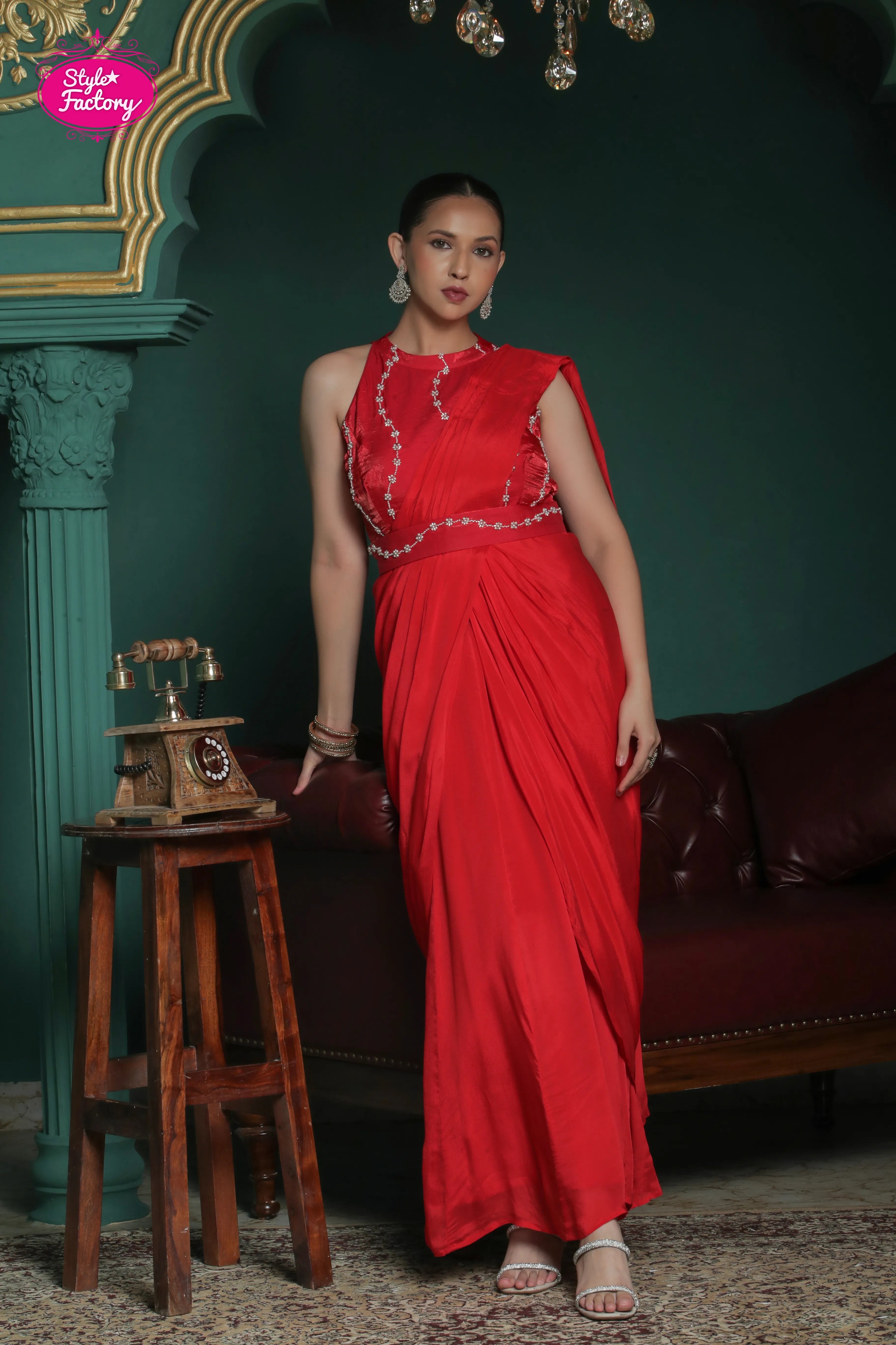 Red Drape Gown/Saree in Pure Chinnon Fabric with Pearl Work