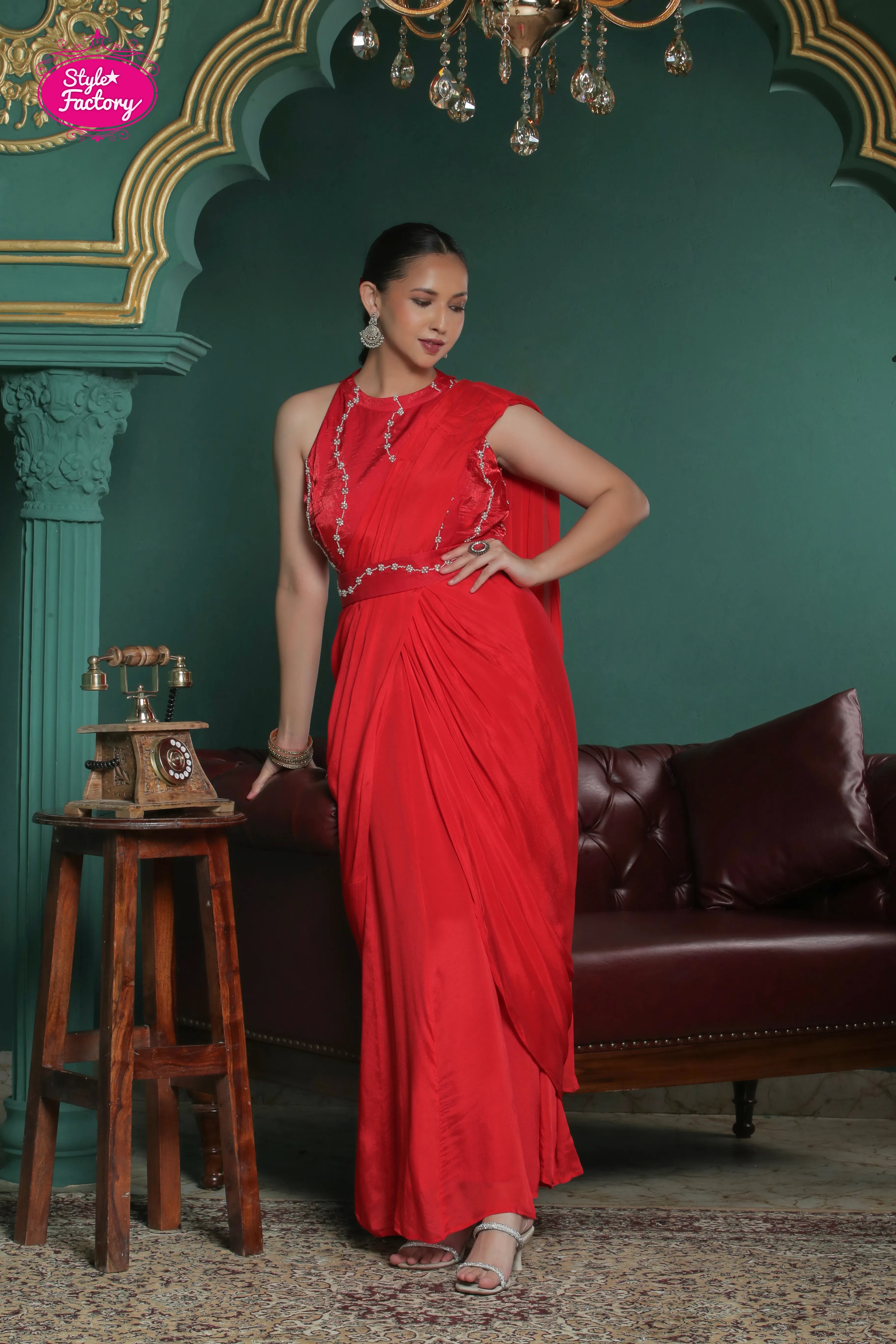Red Drape Gown/Saree in Pure Chinnon Fabric with Pearl Work