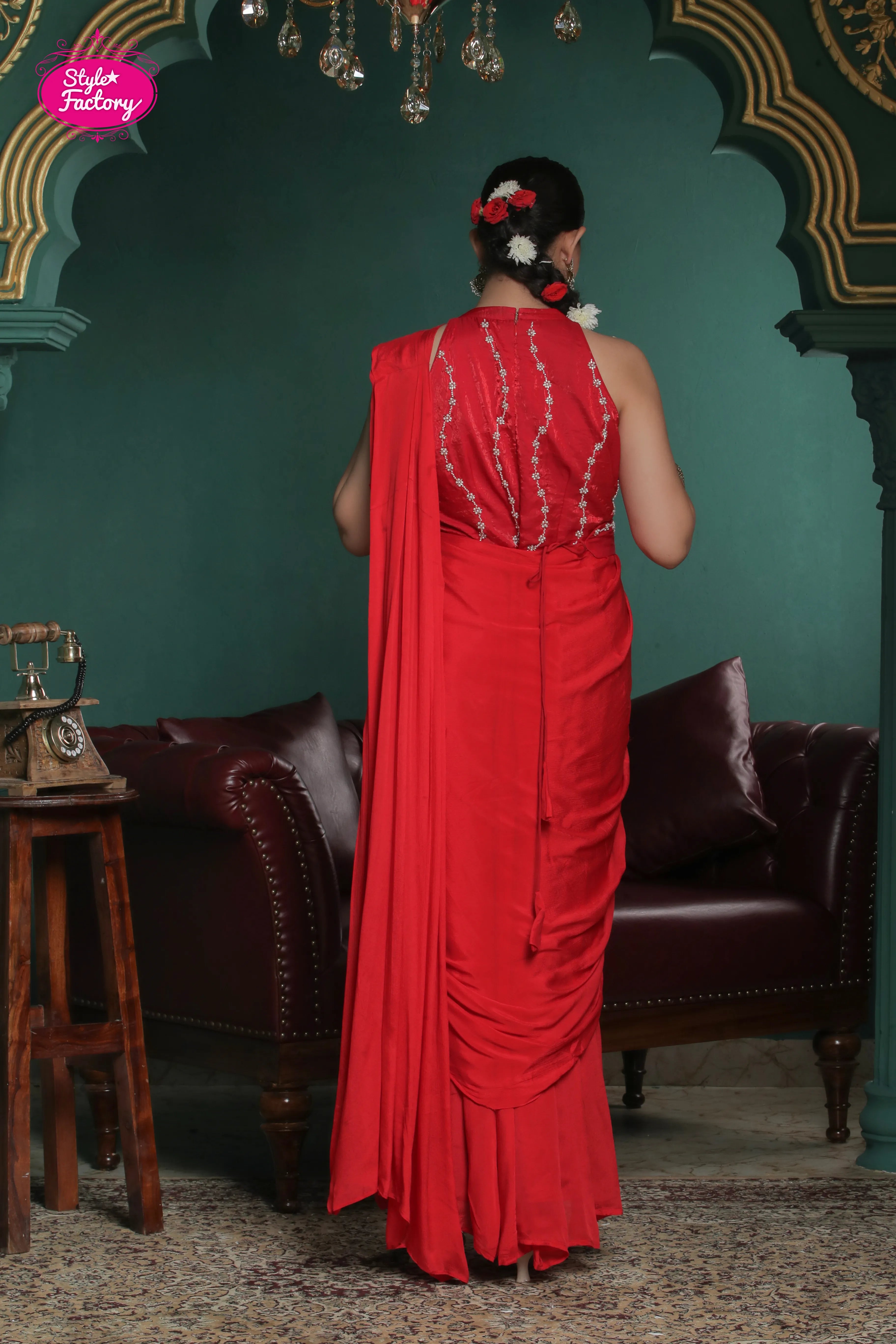 Red Drape Gown/Saree in Pure Chinnon Fabric with Pearl Work