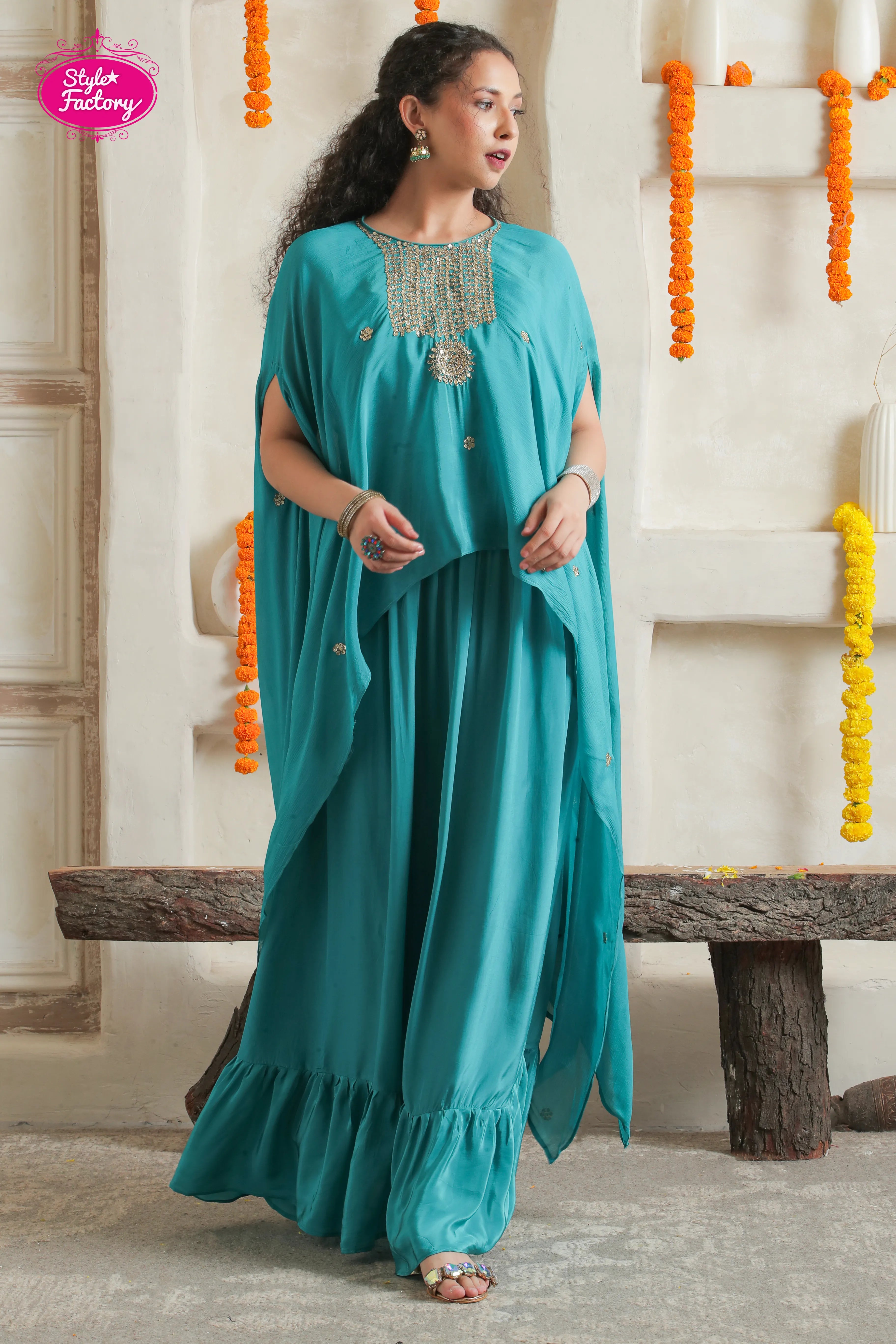 Teal Green Two-Piece Indo-Western Gown Set