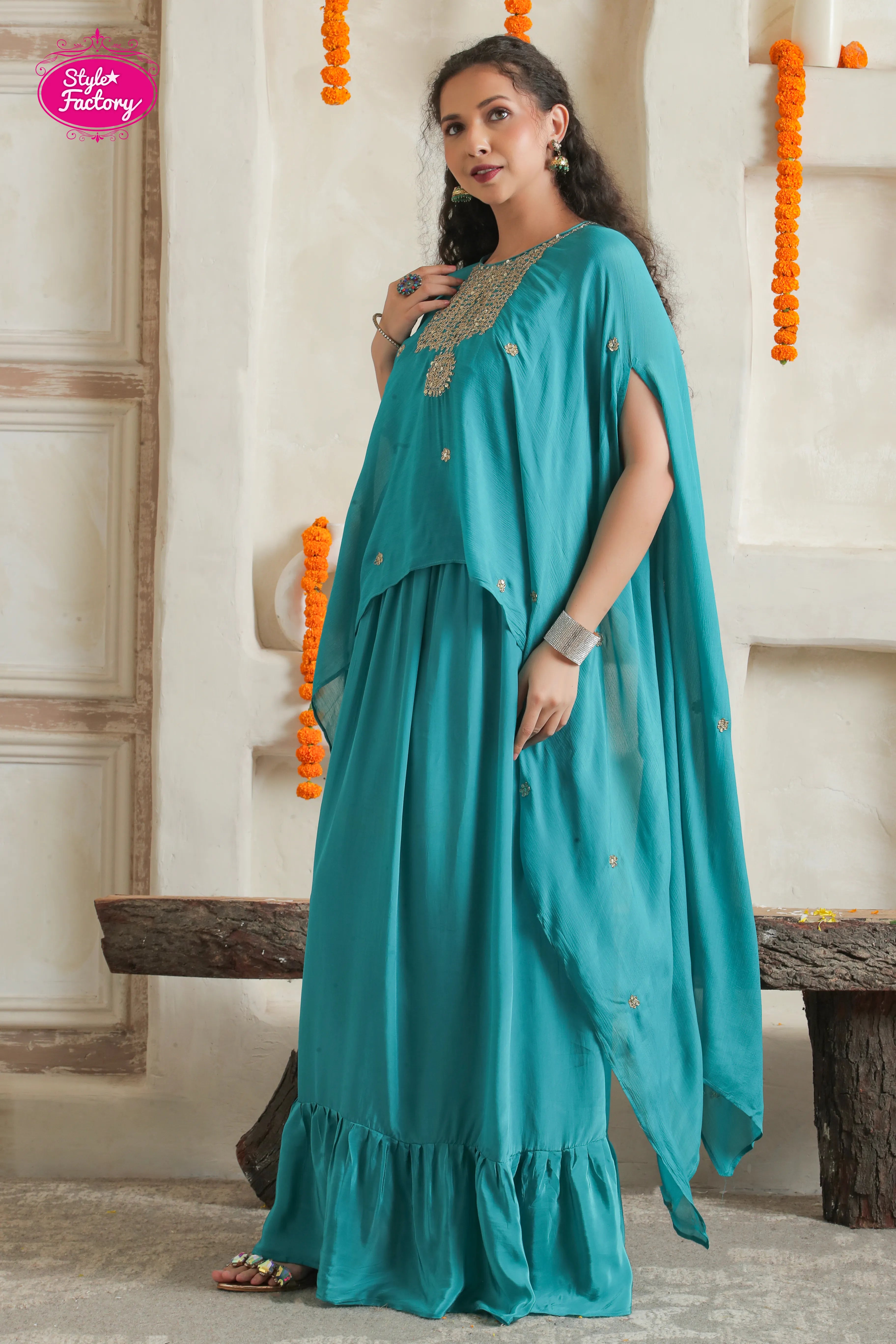 Teal Green Two-Piece Indo-Western Gown Set