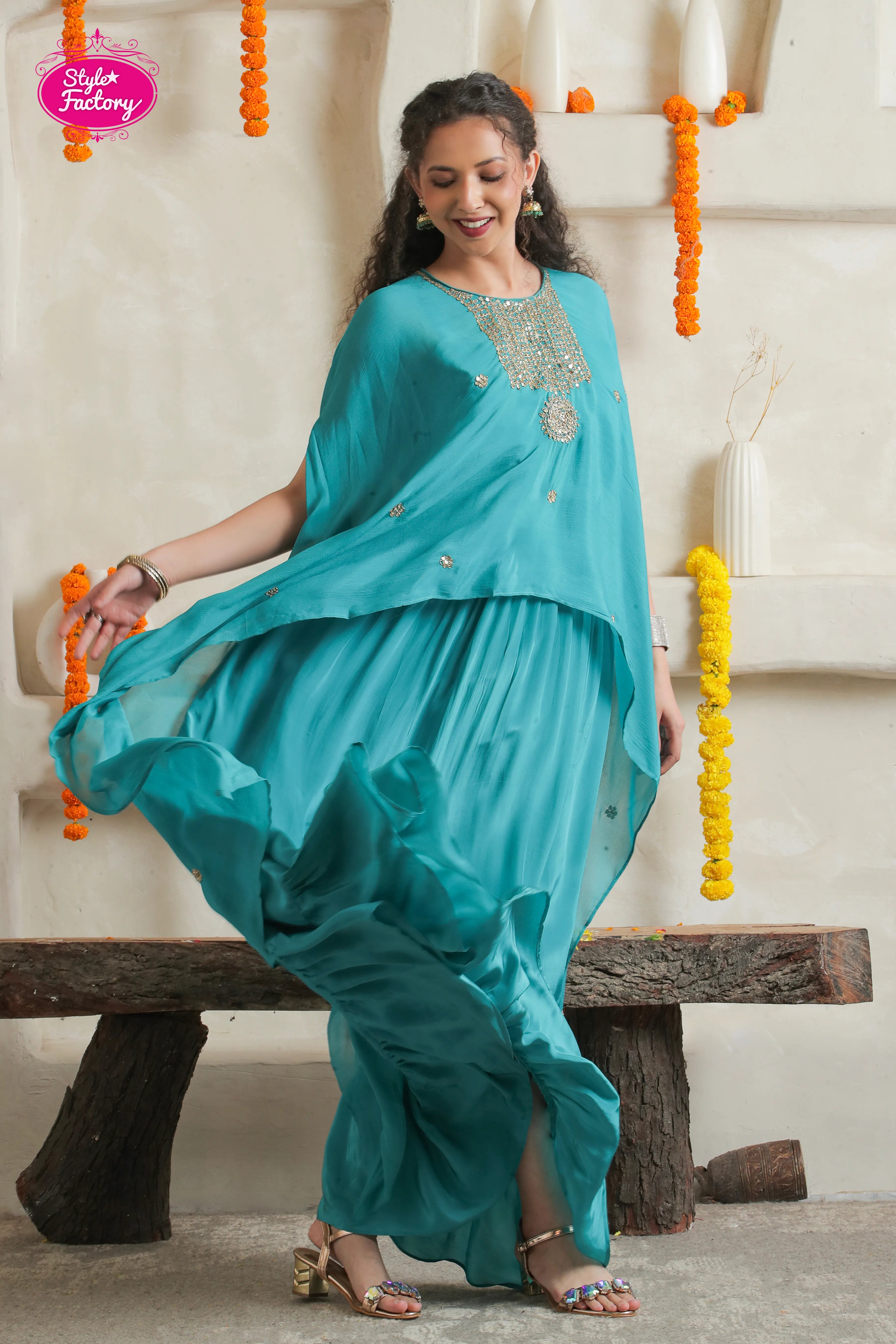 Teal Green Two-Piece Indo-Western Gown Set
