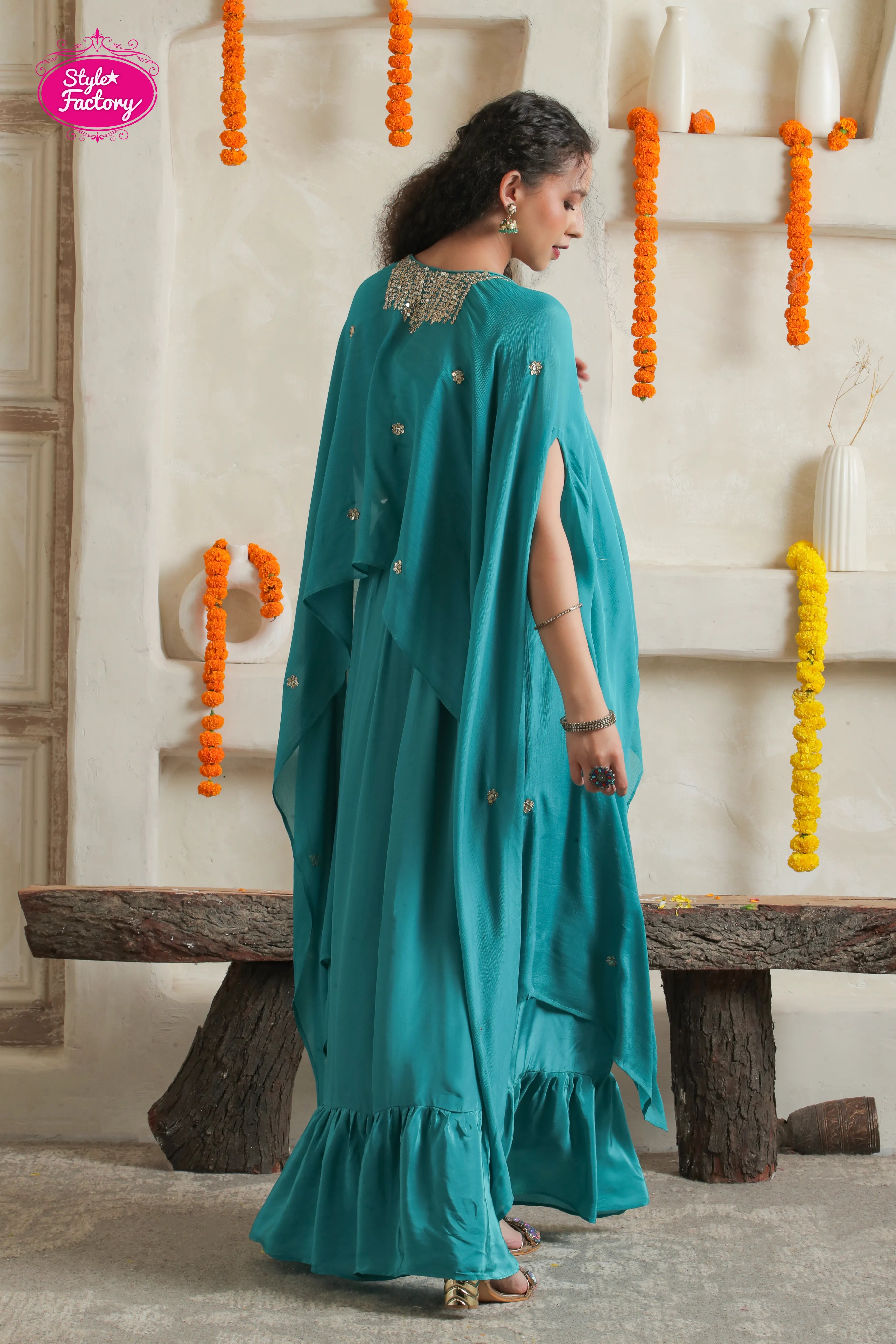 Teal Green Two-Piece Indo-Western Gown Set