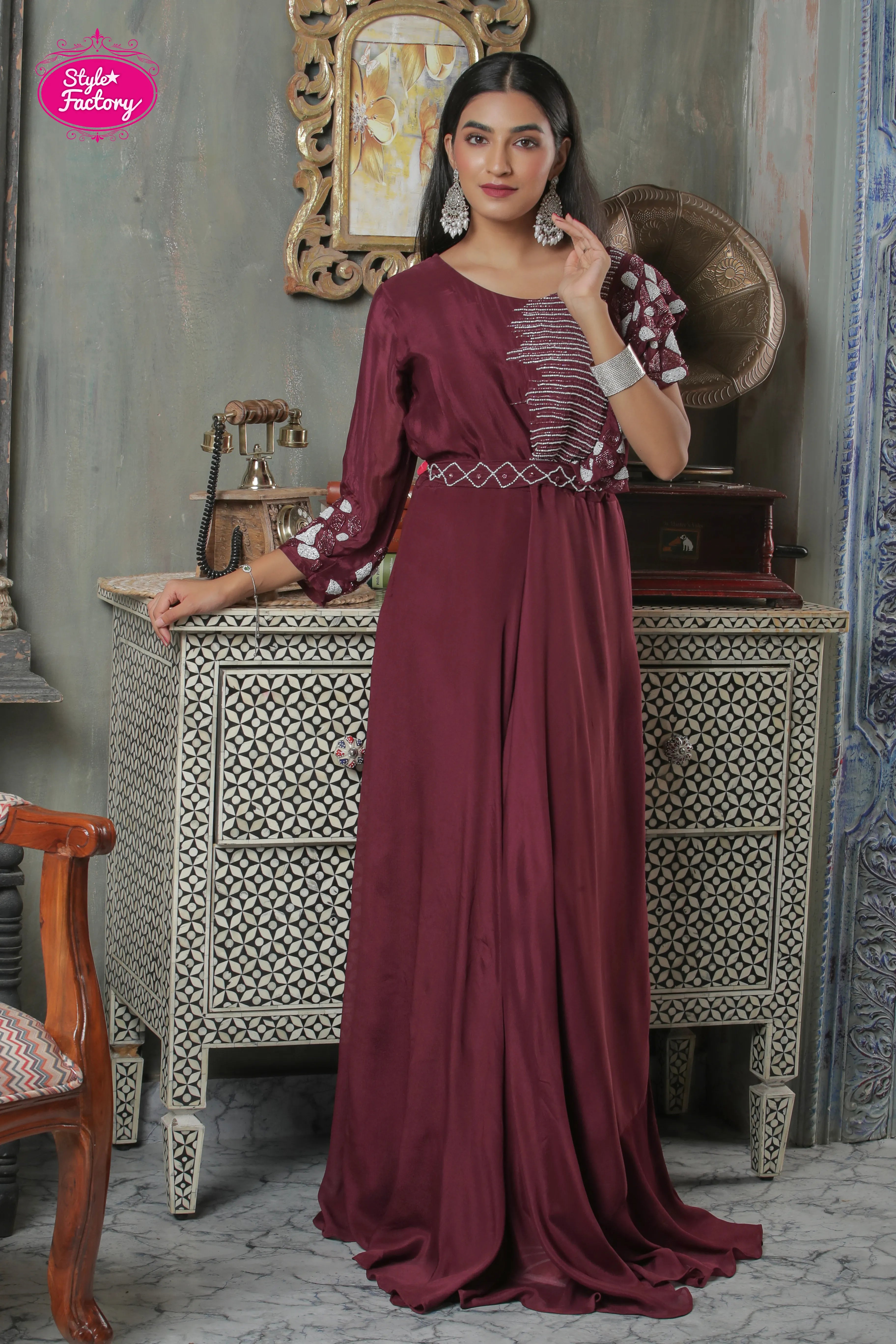 Wine Ruffle Sleeve Embroidered Gown
