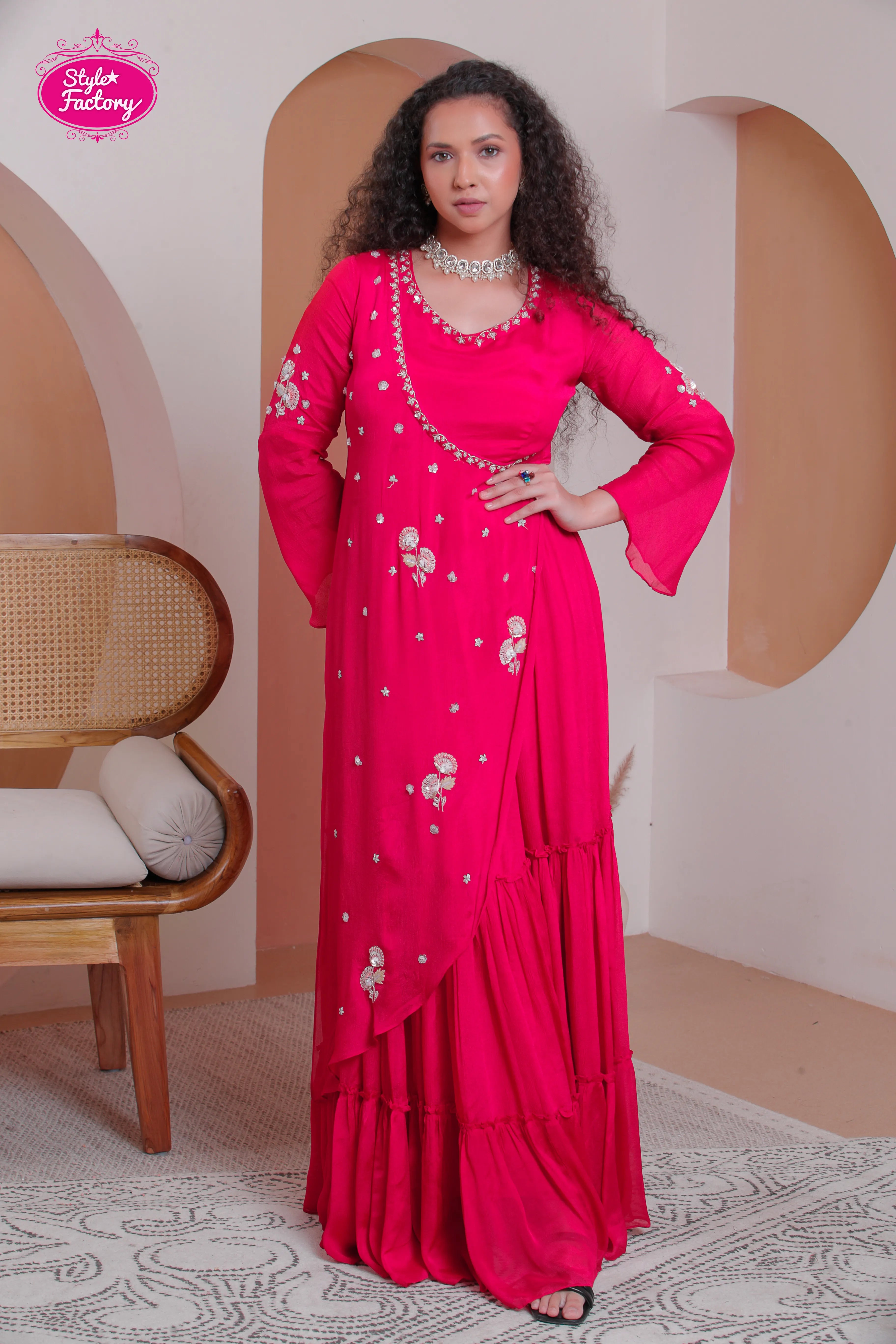 Designer Red Flared Gown with Embellished Detailing