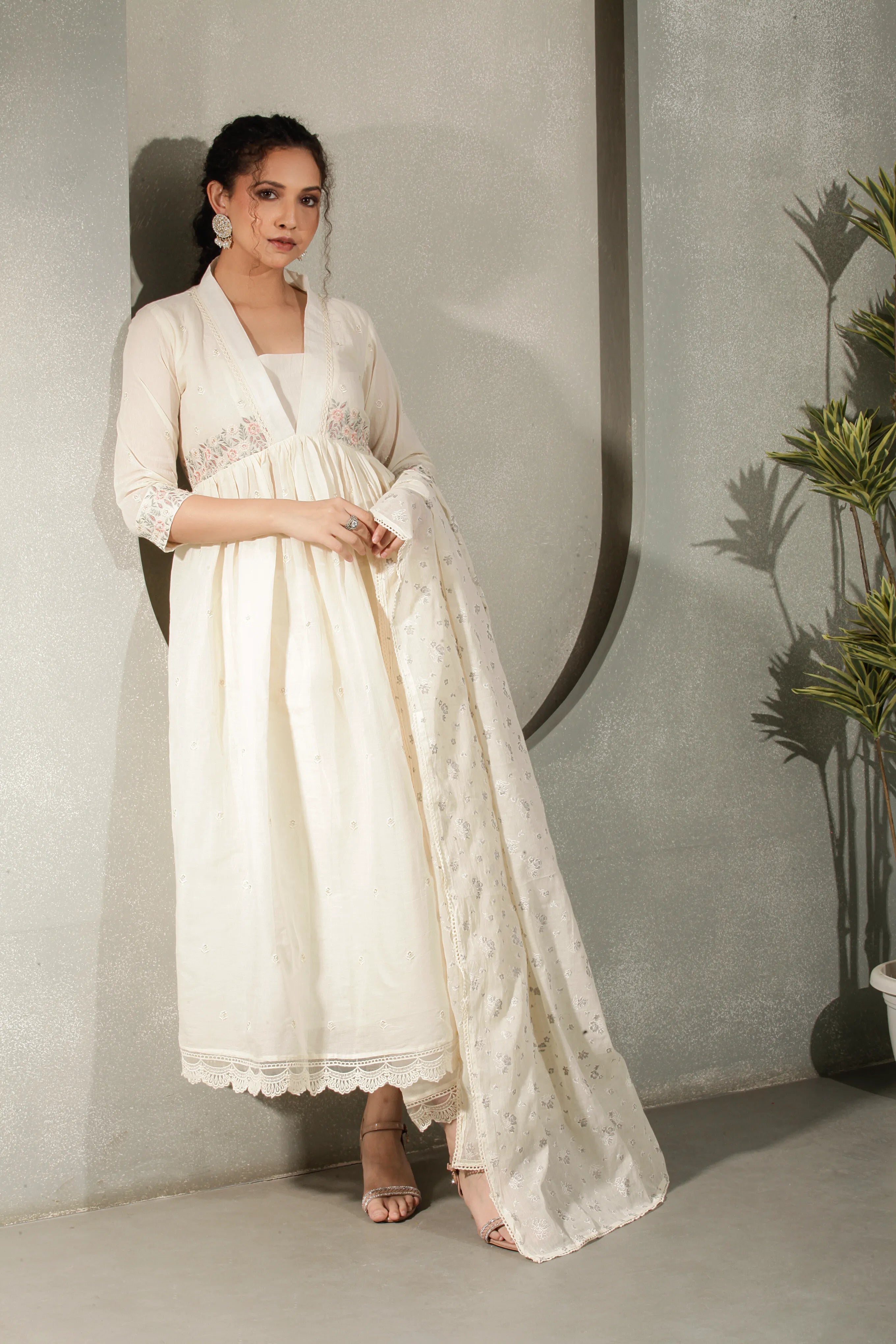 Off White A-Line Kurta Set with Pant & Dupatta