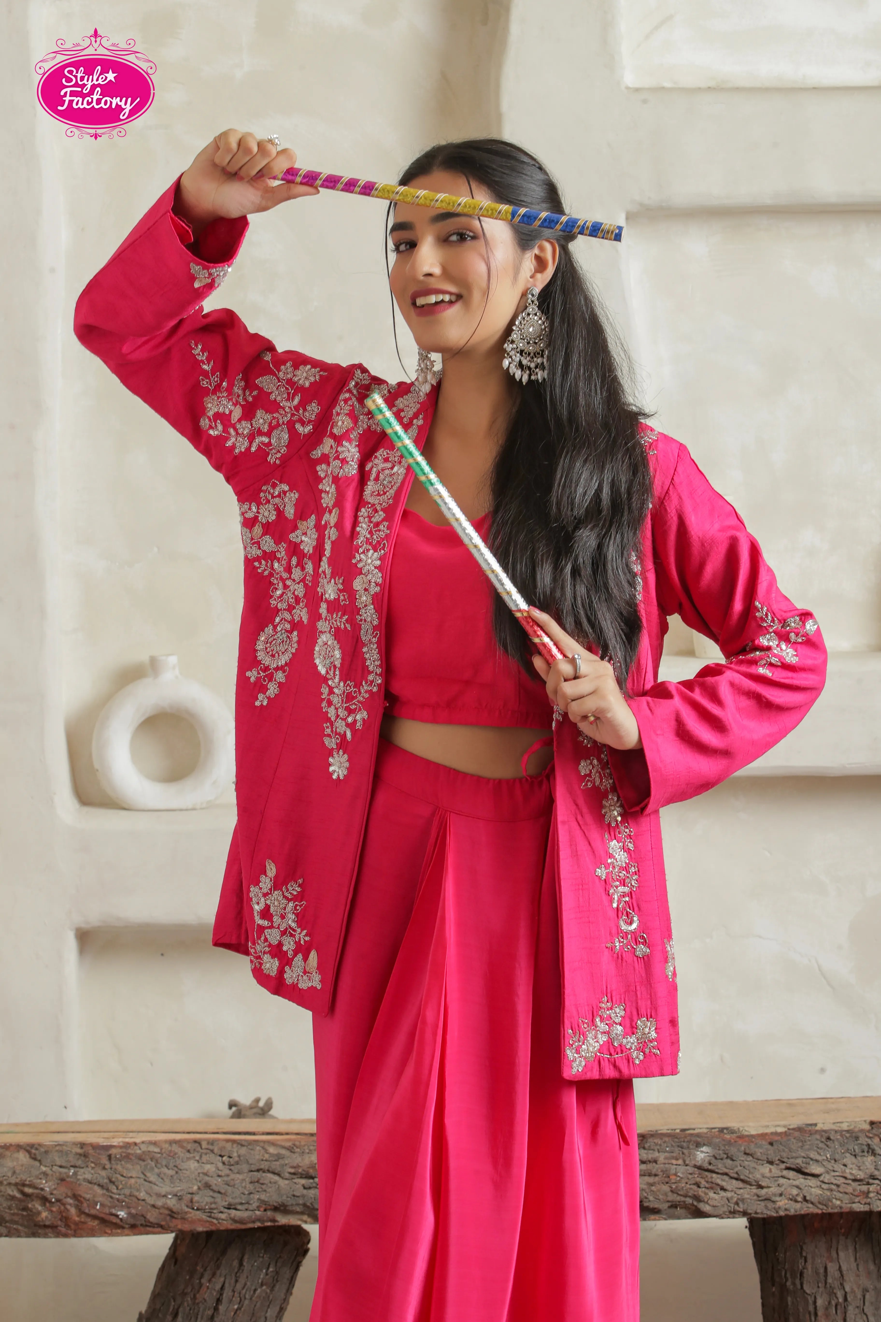 Indowestern Drape 3-Piece Dress in Hot Pink