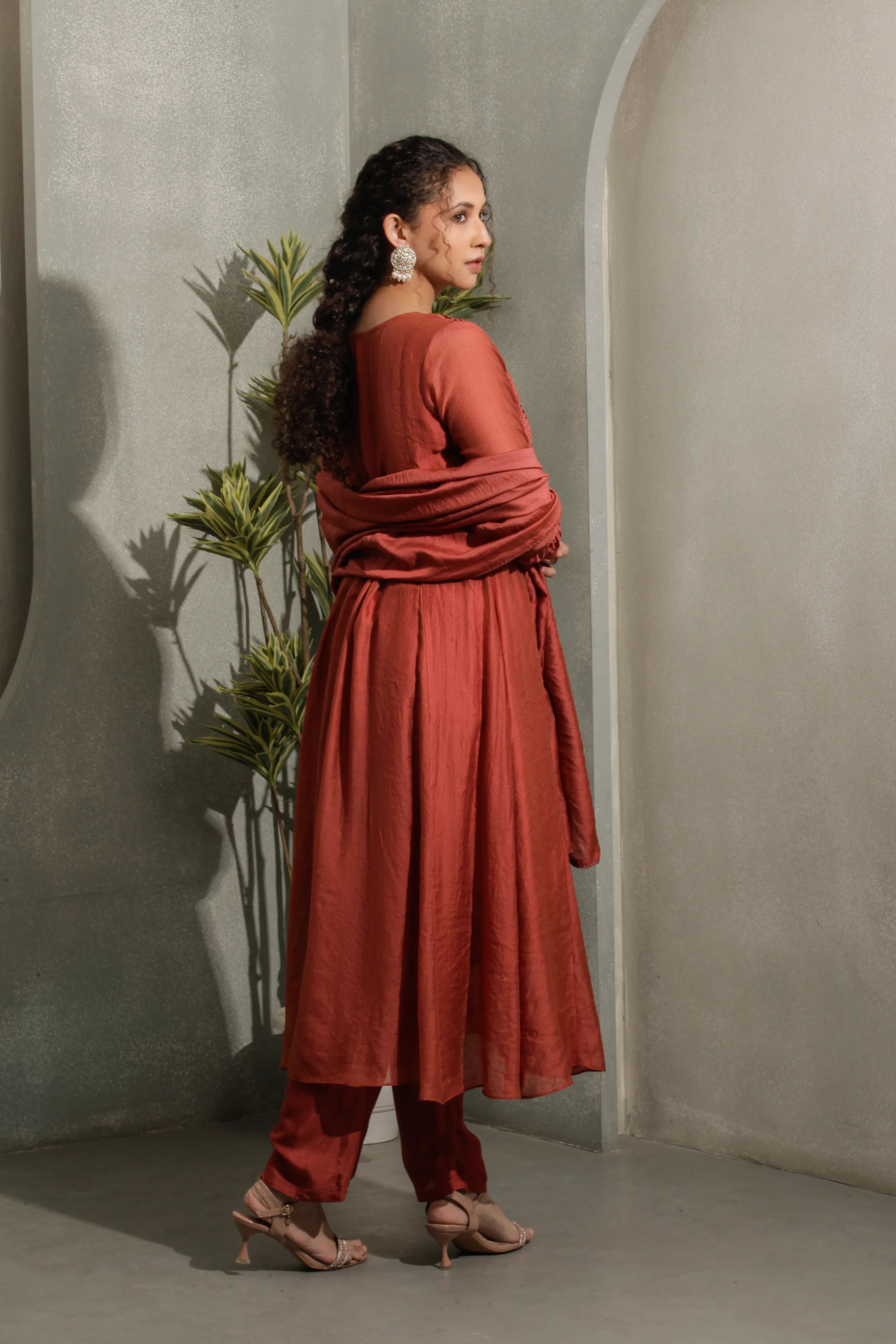 Rust Copper A-Line Kurta Set with Pant & Dupatta
