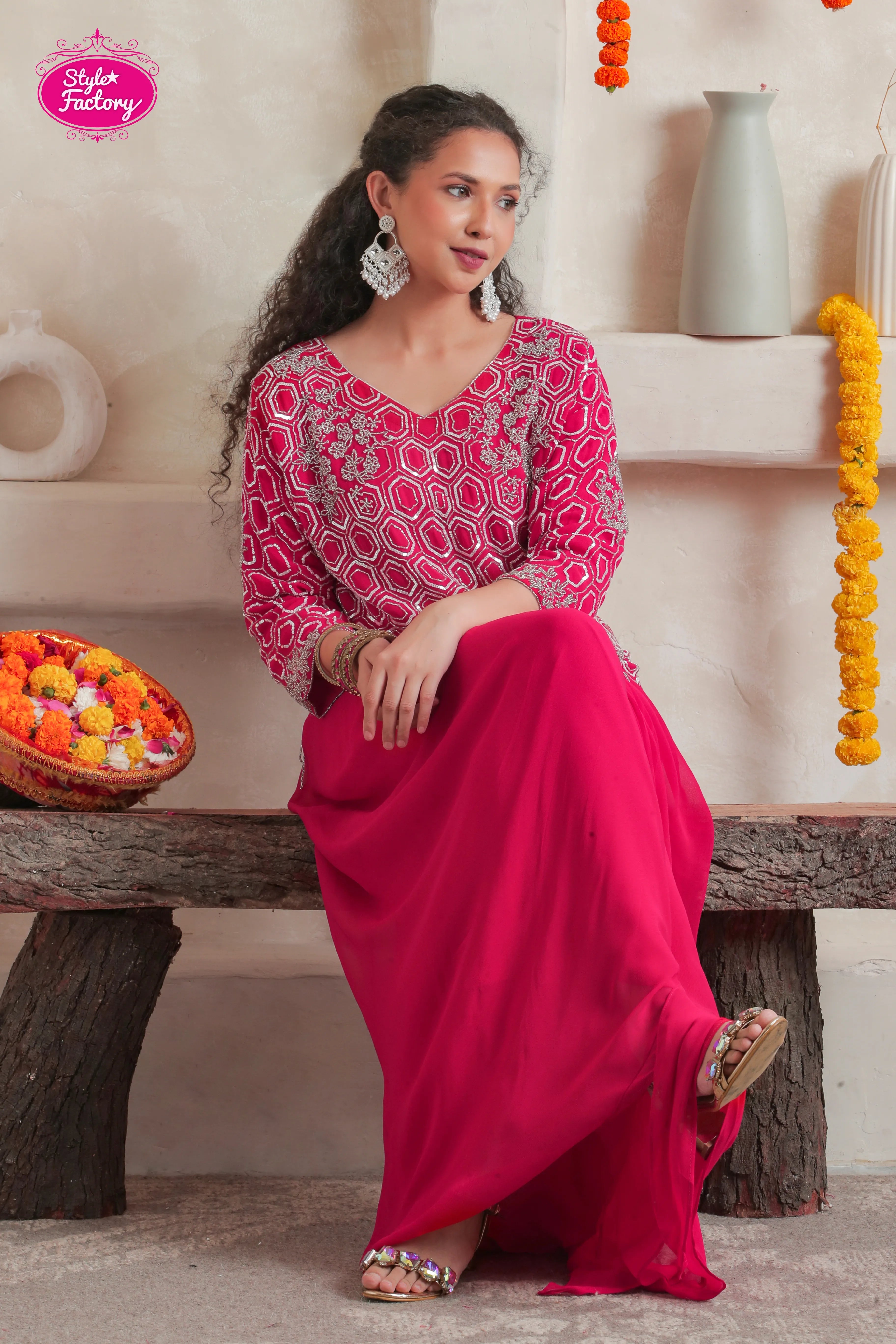 Pink 3-Piece Drape Dress with Embroidered Long Jacket