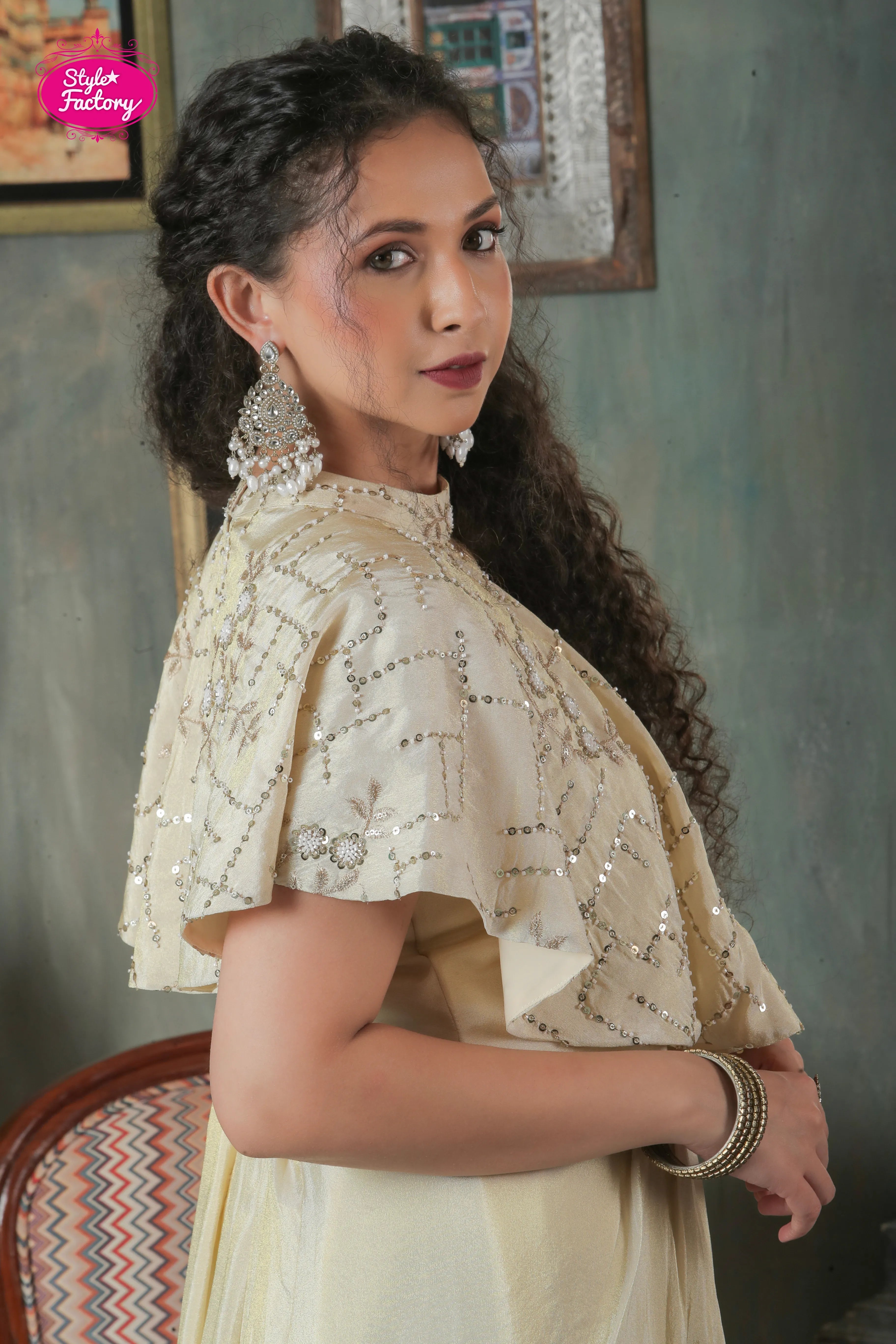 Ivory Sequinned Drape Gown Set with Cape