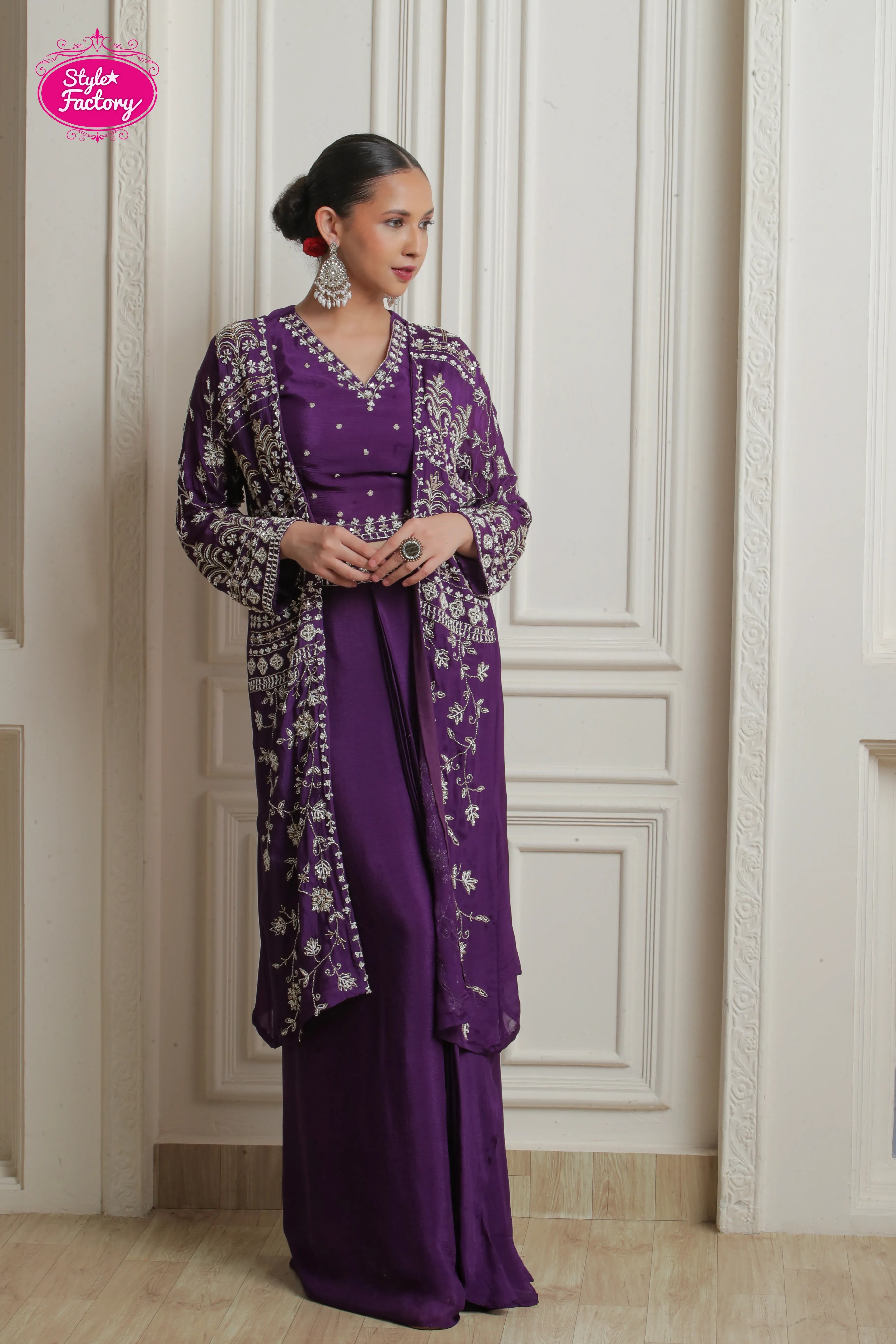 Purple 3-Piece Drape Dress with Embroidered Long Jacket