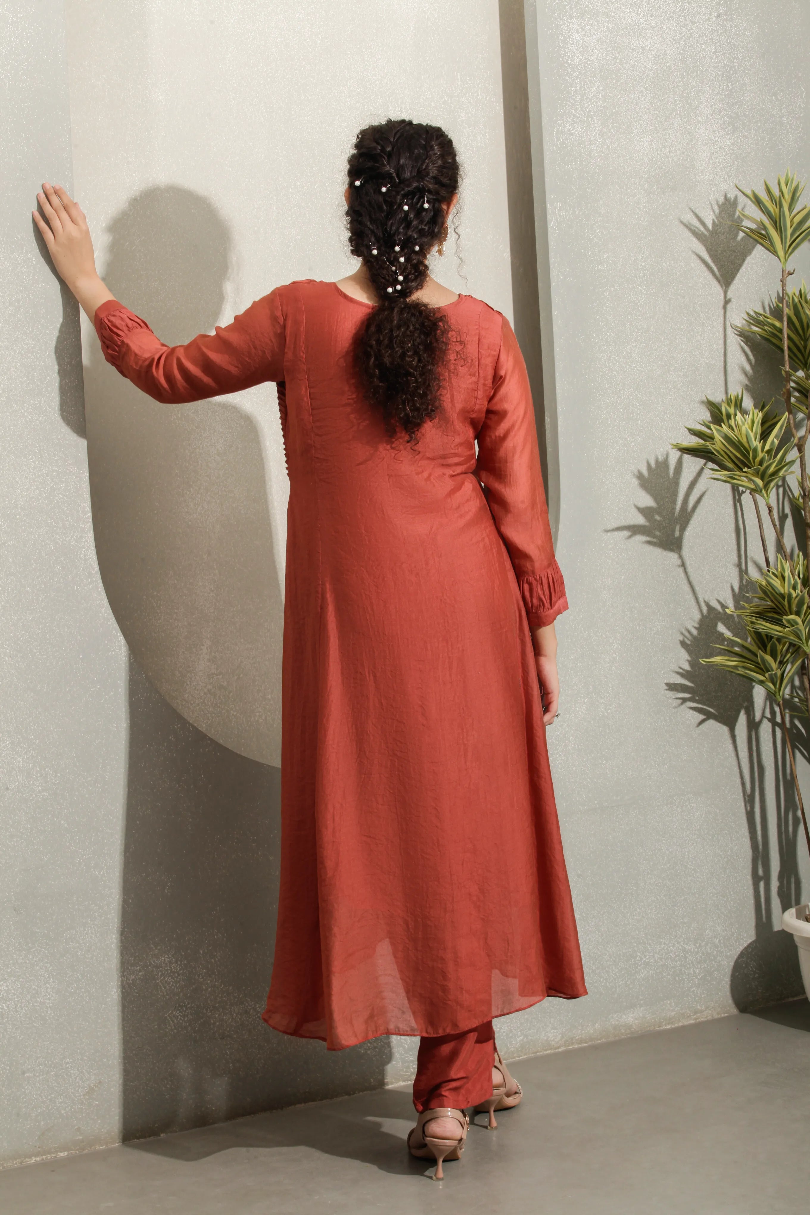 Rust Copper A-Line Kurta Set with Pant & Dupatta