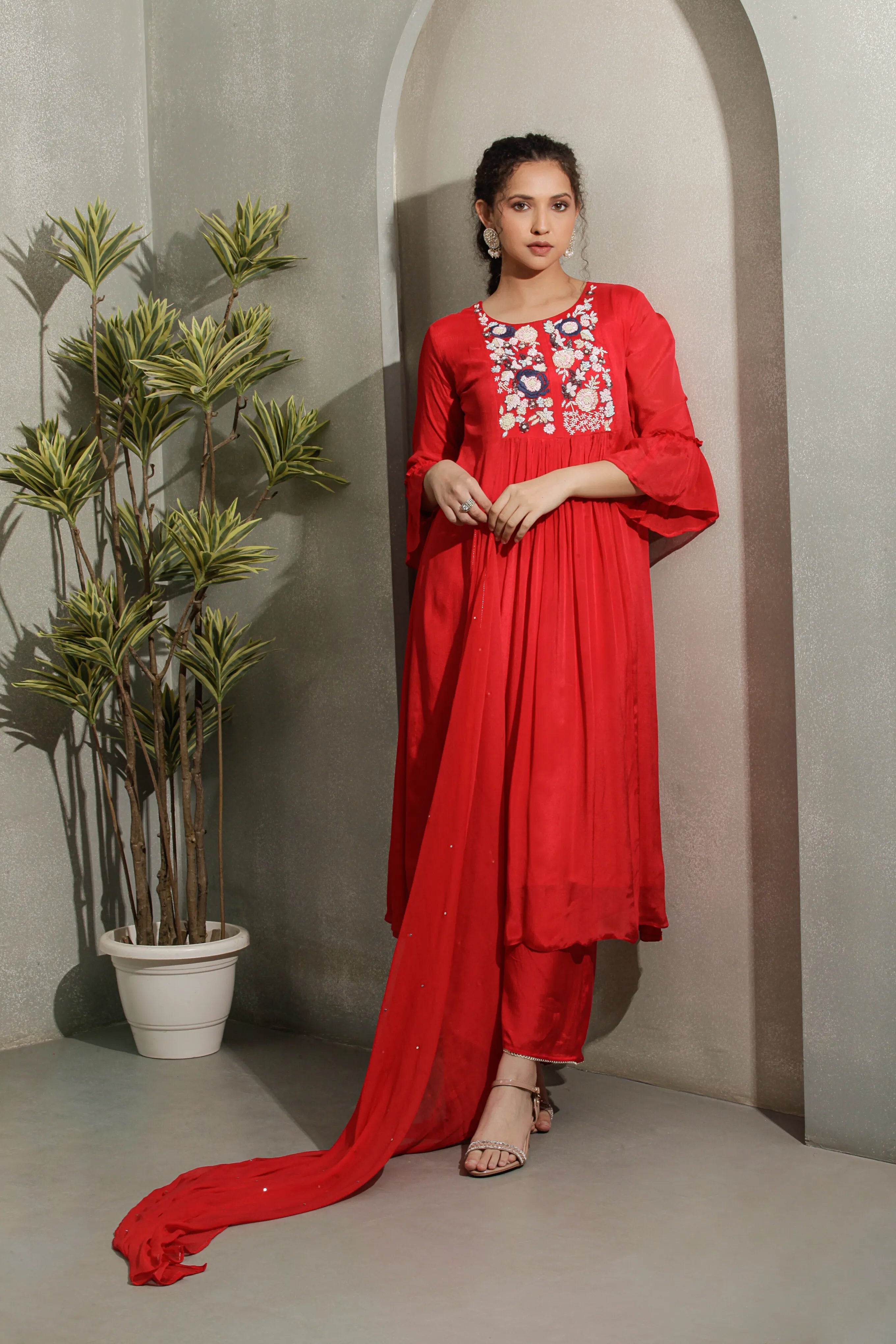 Cherry Red A-Line Kurta Set with Pant & Dupatta