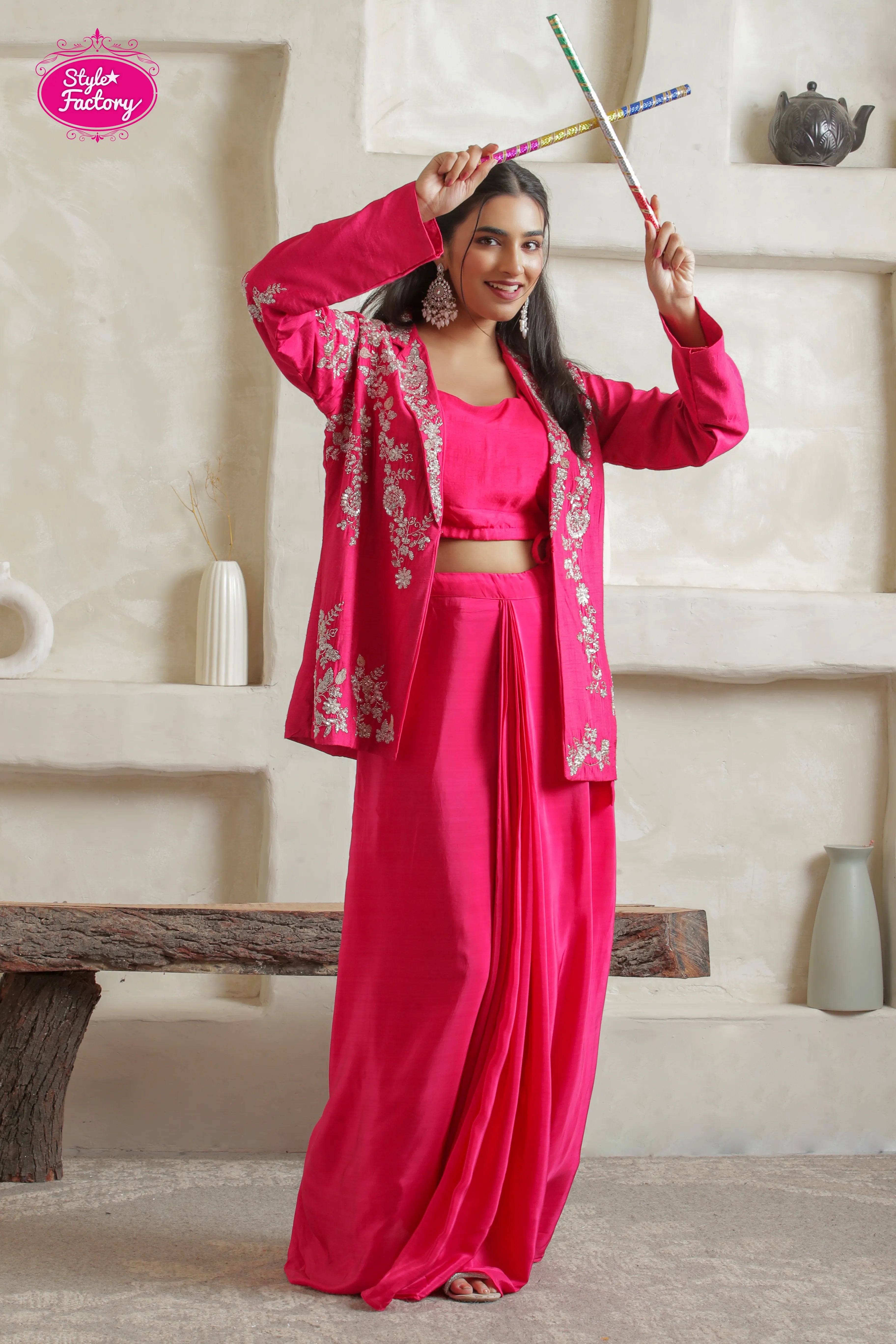 Indowestern Drape 3-Piece Dress in Hot Pink
