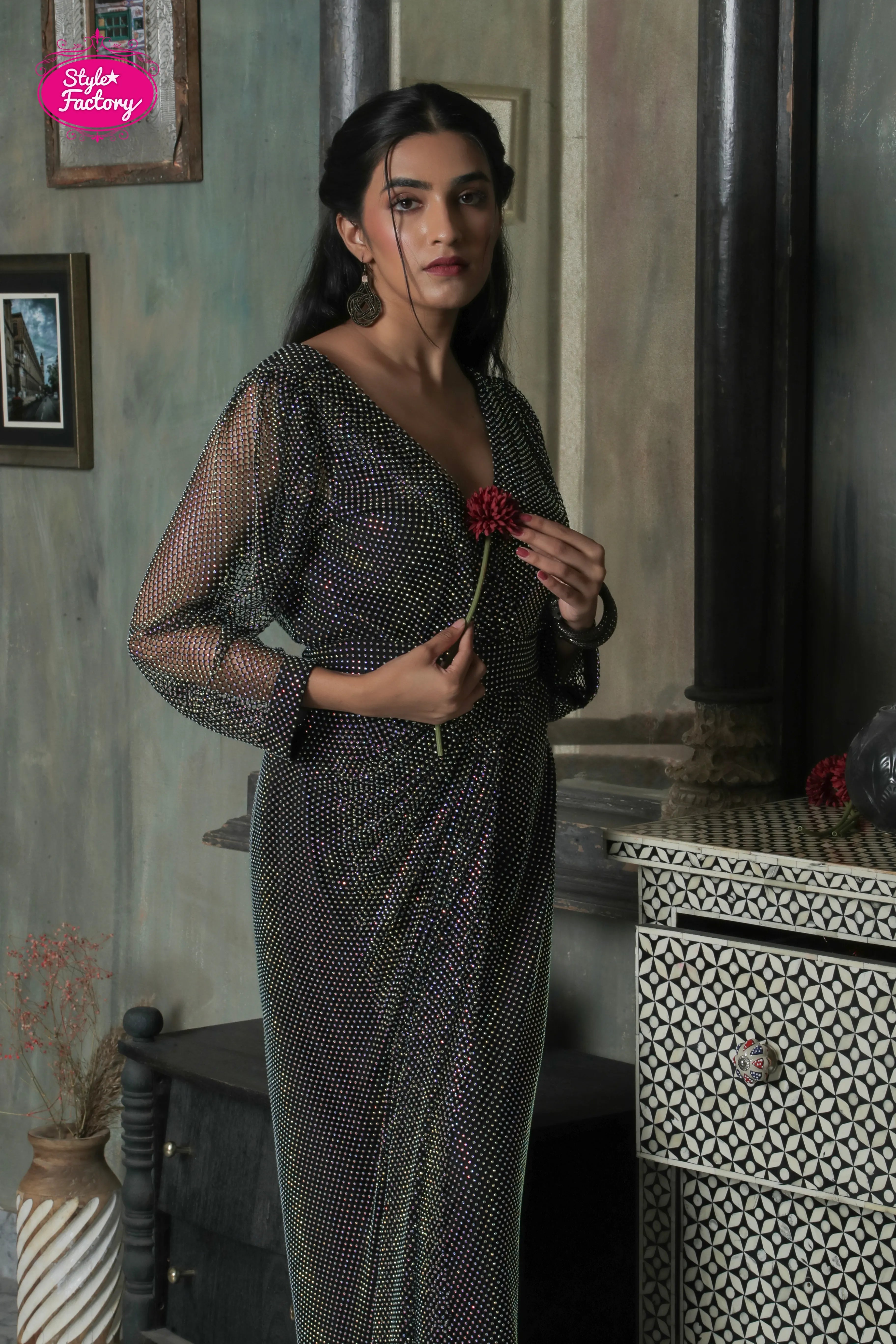 Black Glitter Drape Gown