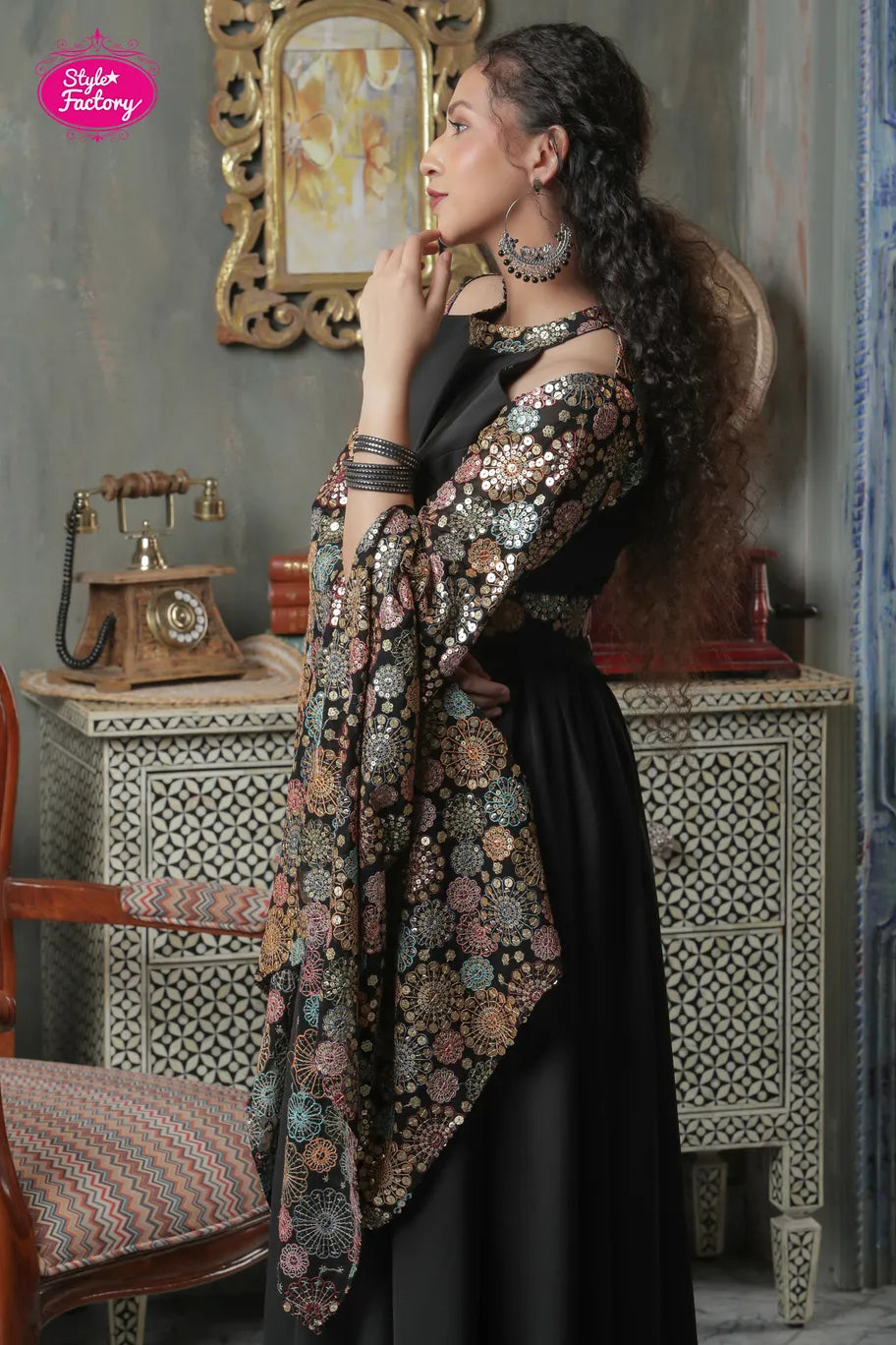 Black Anarkali Stylish Gown with Multicolor Thread Work