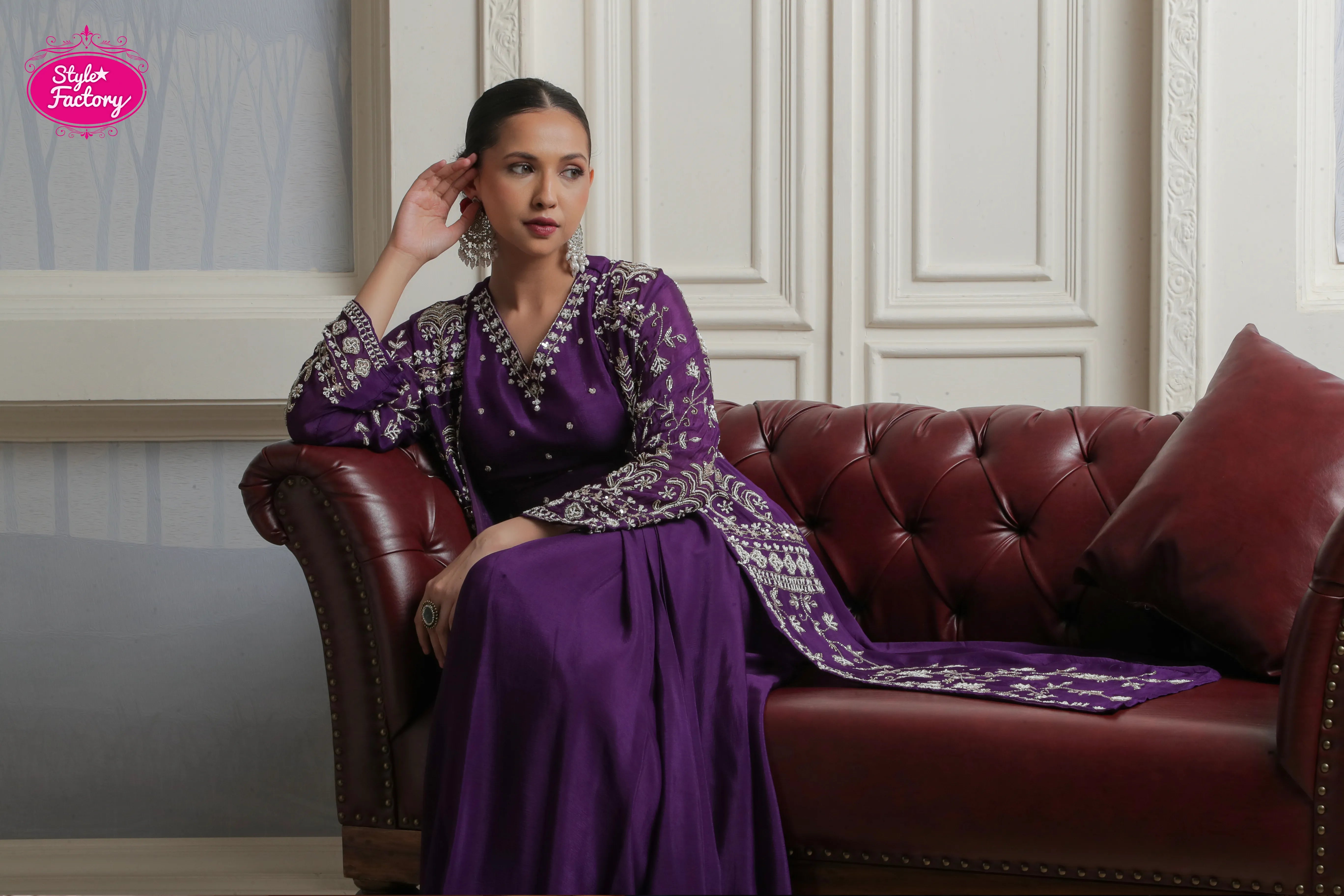 Purple 3-Piece Drape Dress with Embroidered Long Jacket