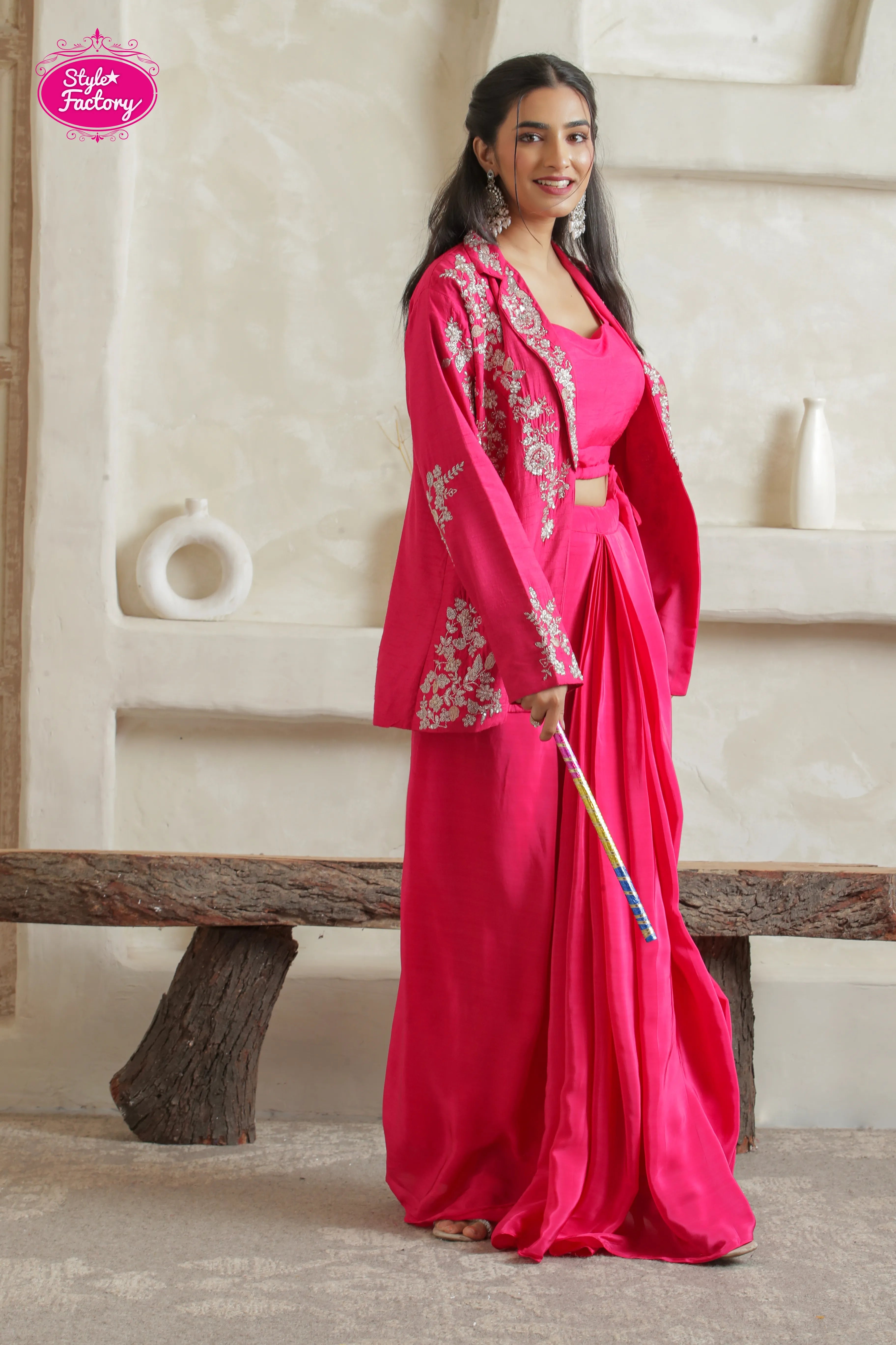 Indowestern Drape 3-Piece Dress in Hot Pink
