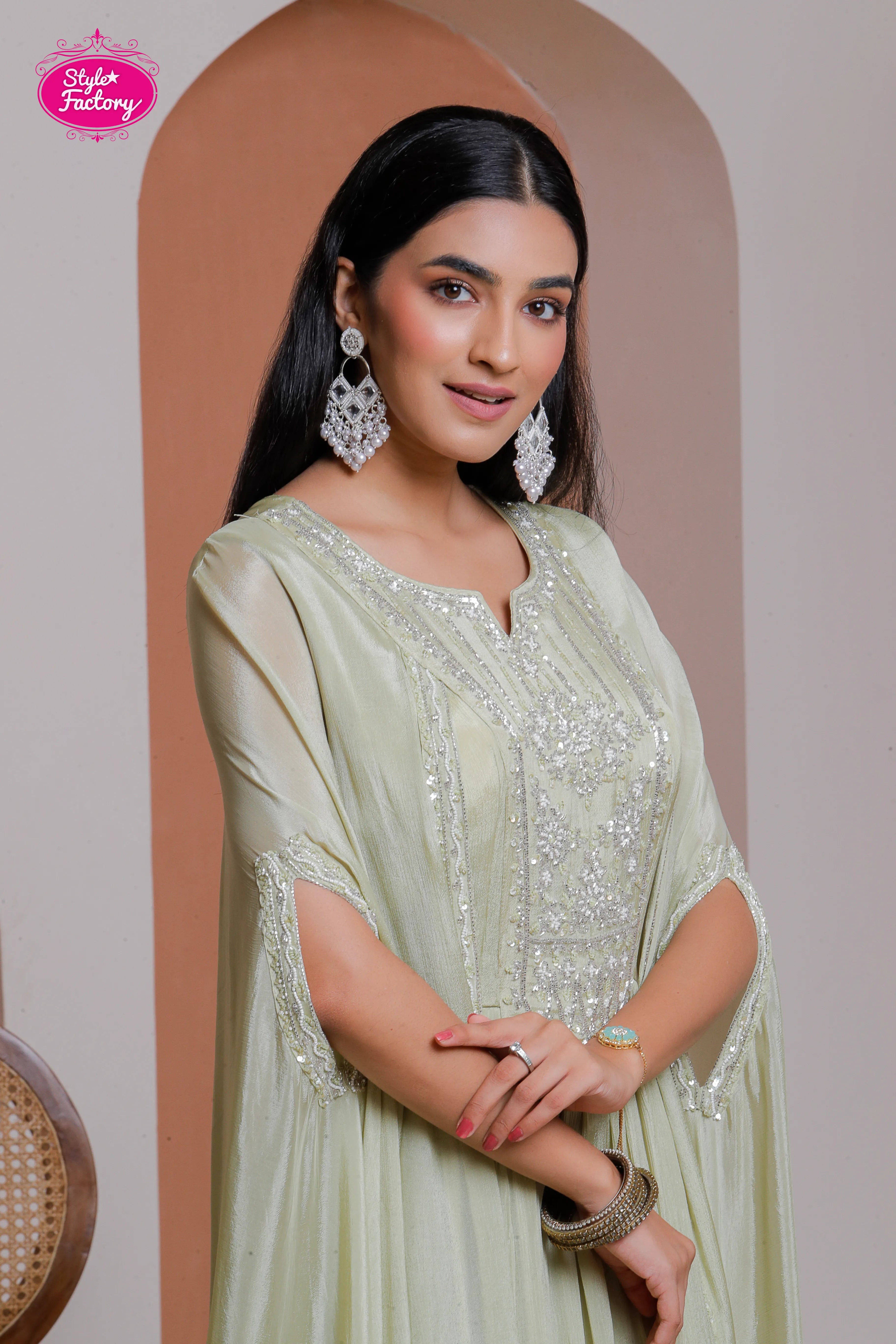 Light Green Anarkali Gown with Embroidered Yoke