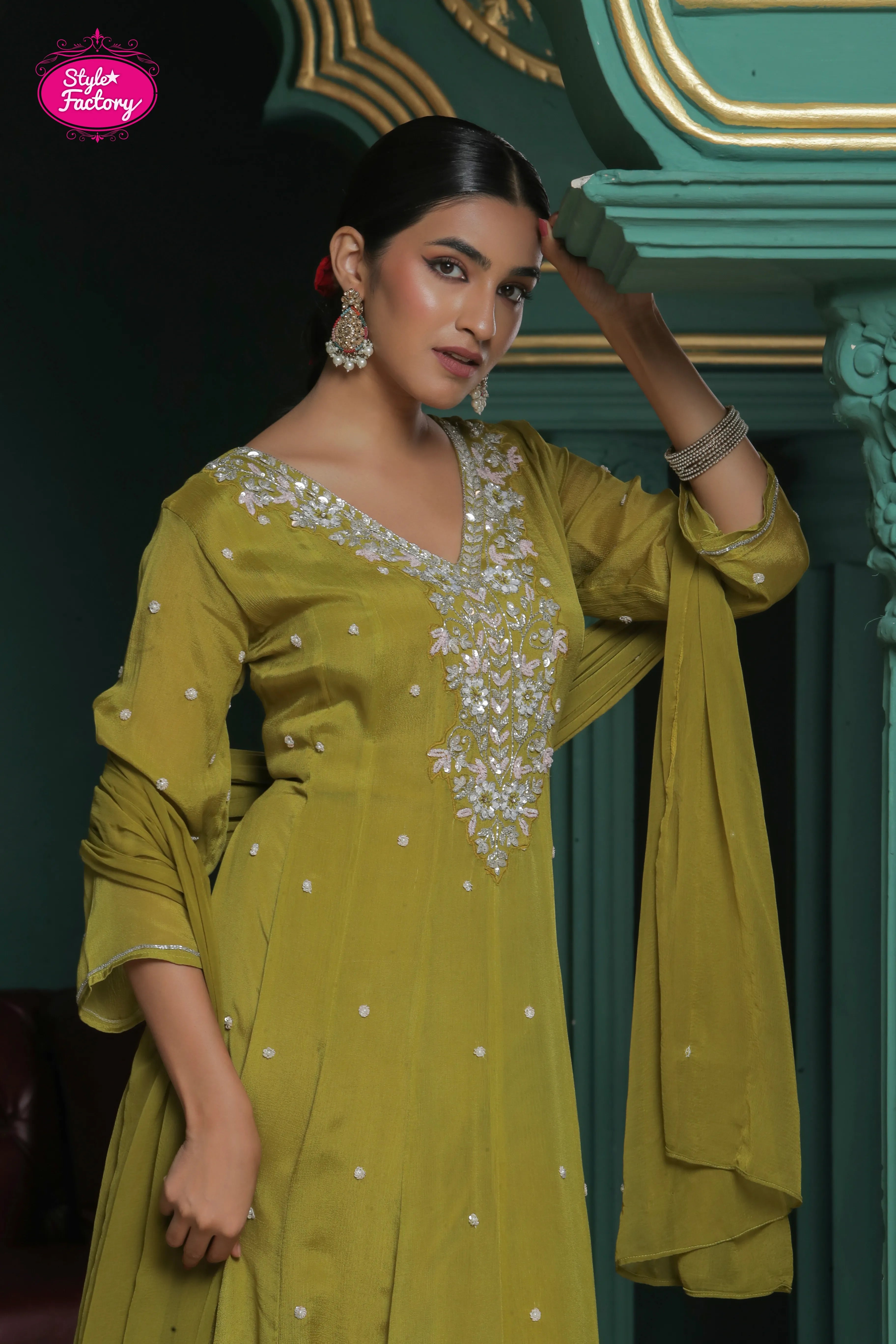 Olive Green Embroidered Anarkali Suit with Dupatta