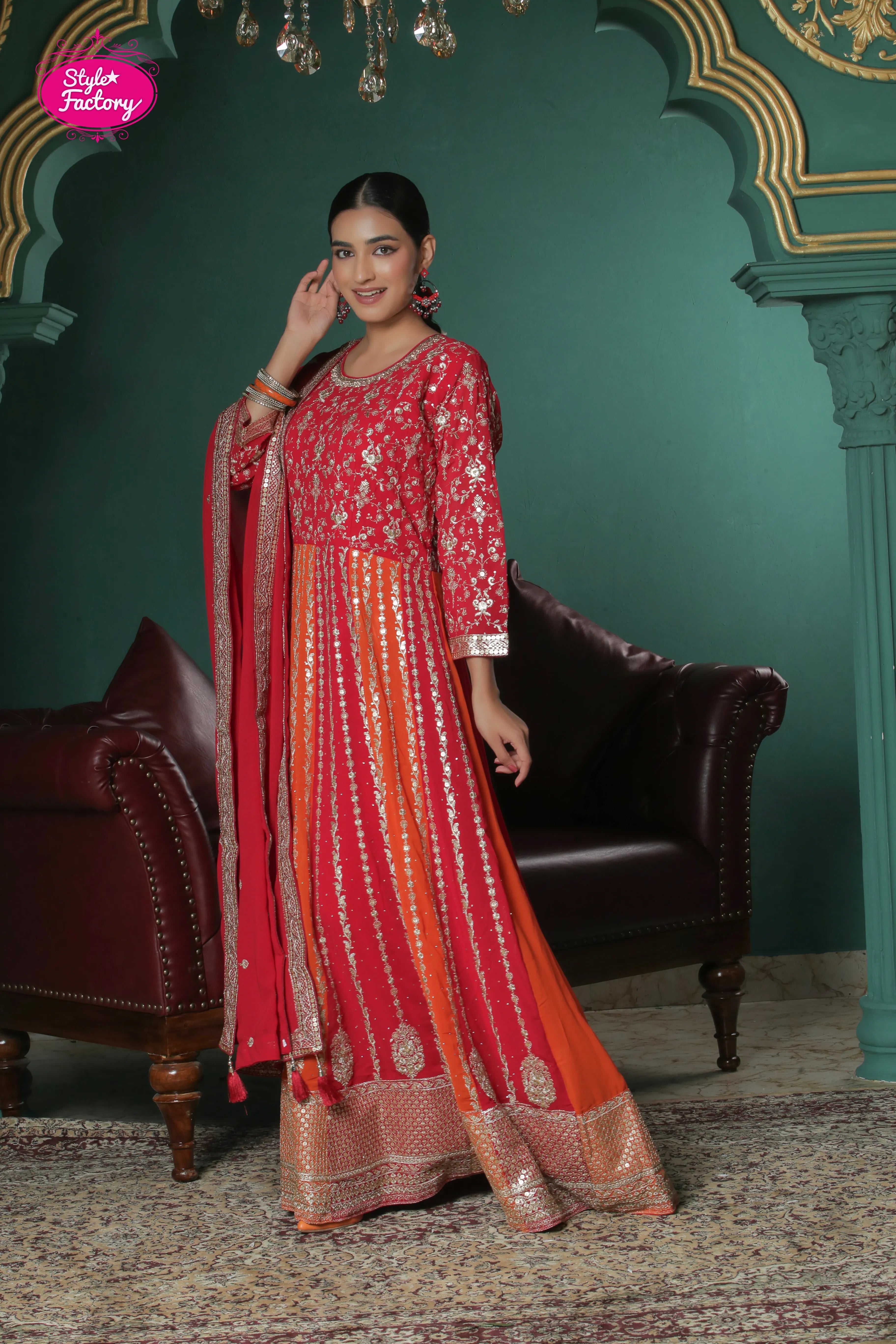 Orange & Red Rani Chinon Embroidered Anarkali Suit