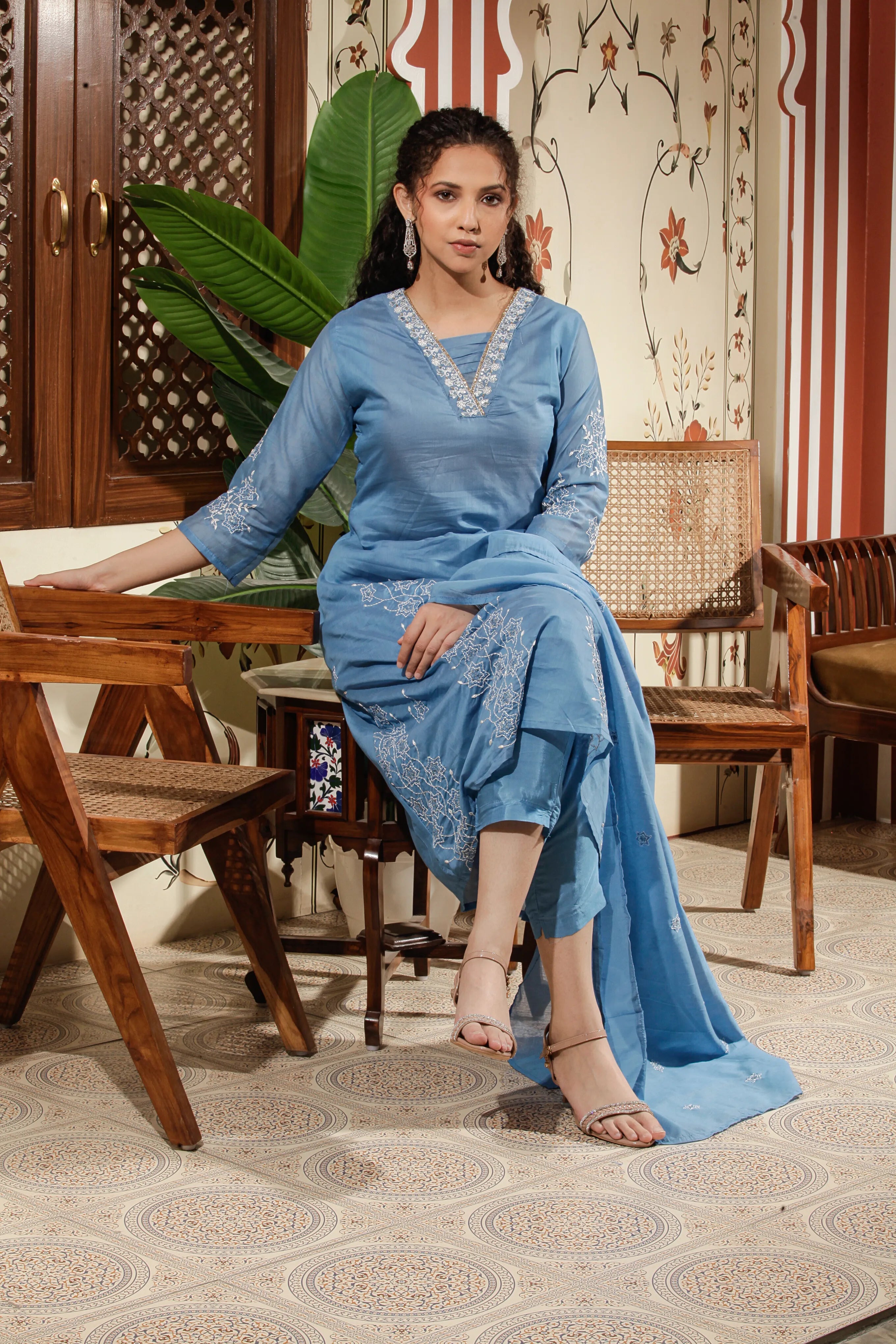 Sky Blue A-Line Kurta Set with Pant & Dupatta