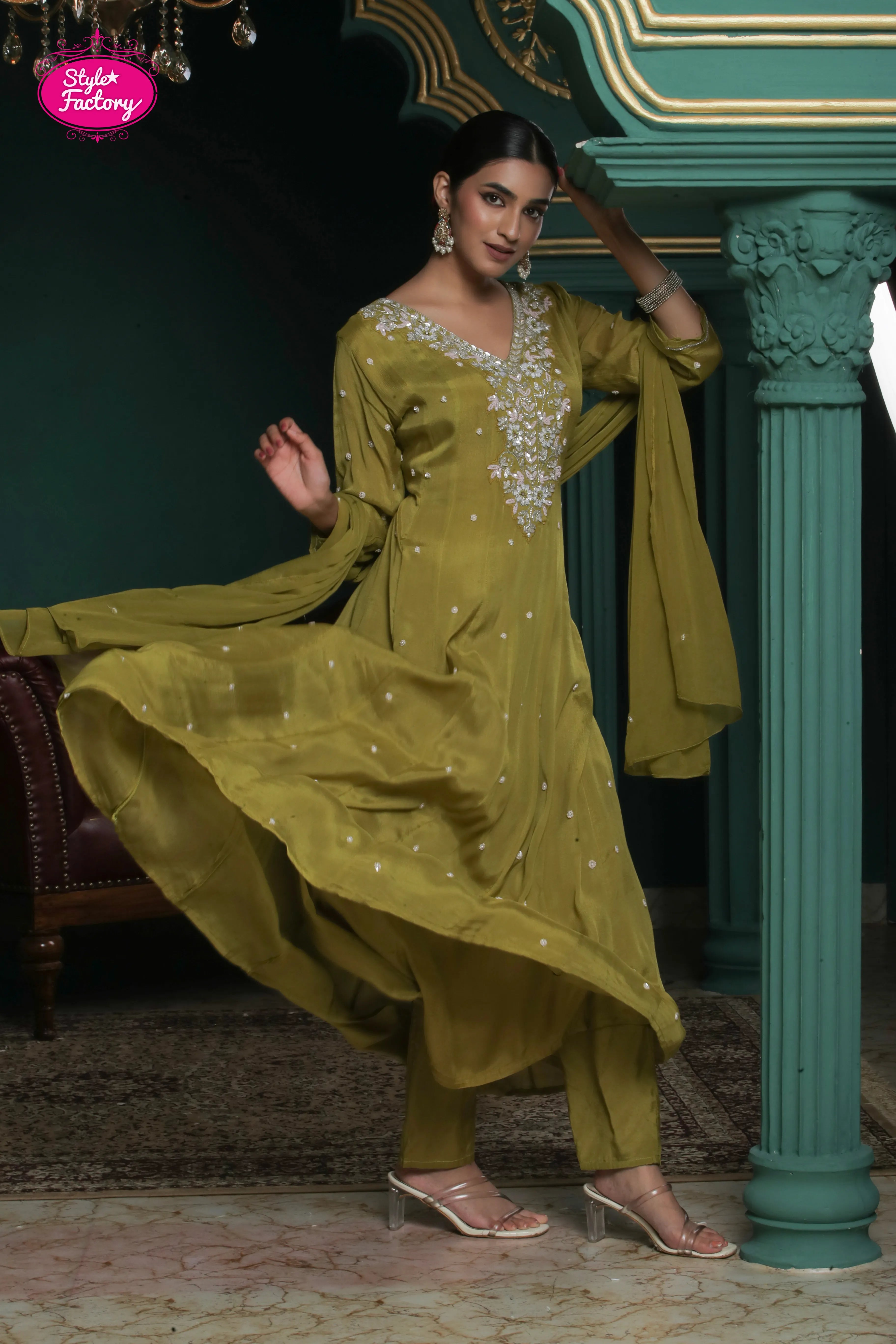 Olive Green Embroidered Anarkali Suit with Dupatta