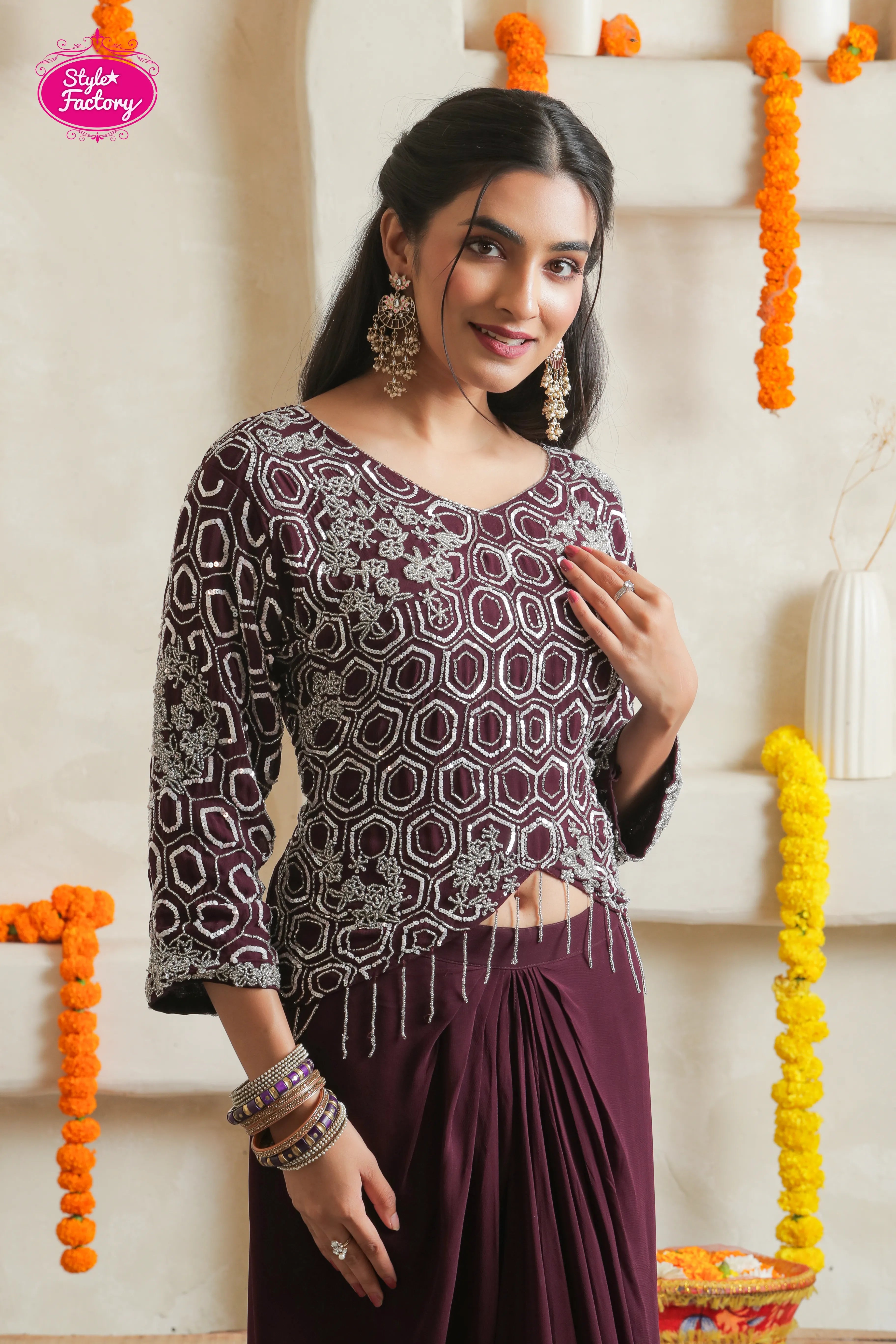 Wine Embroidered Drape Skirt Dress