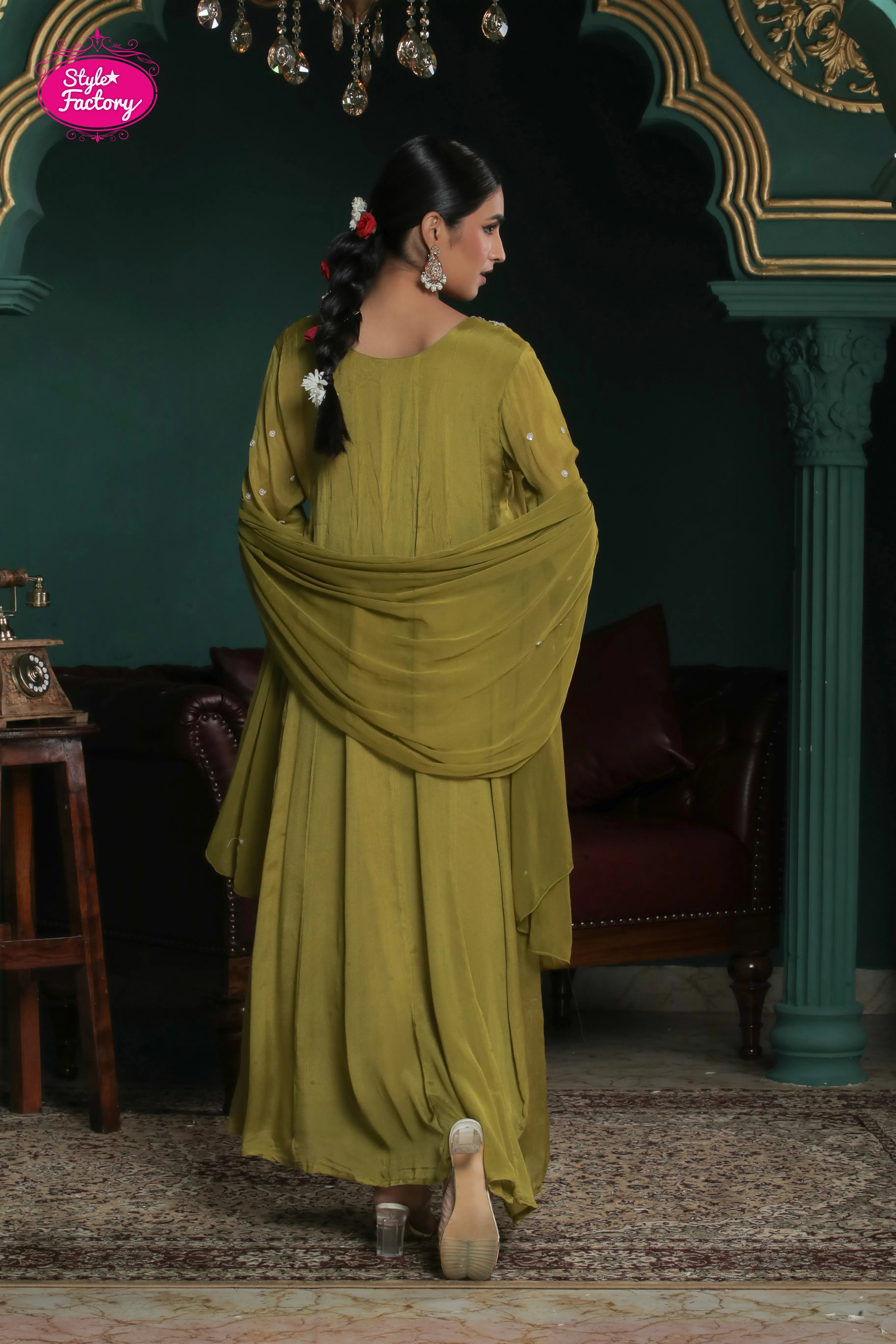Olive Green Embroidered Anarkali Suit with Dupatta