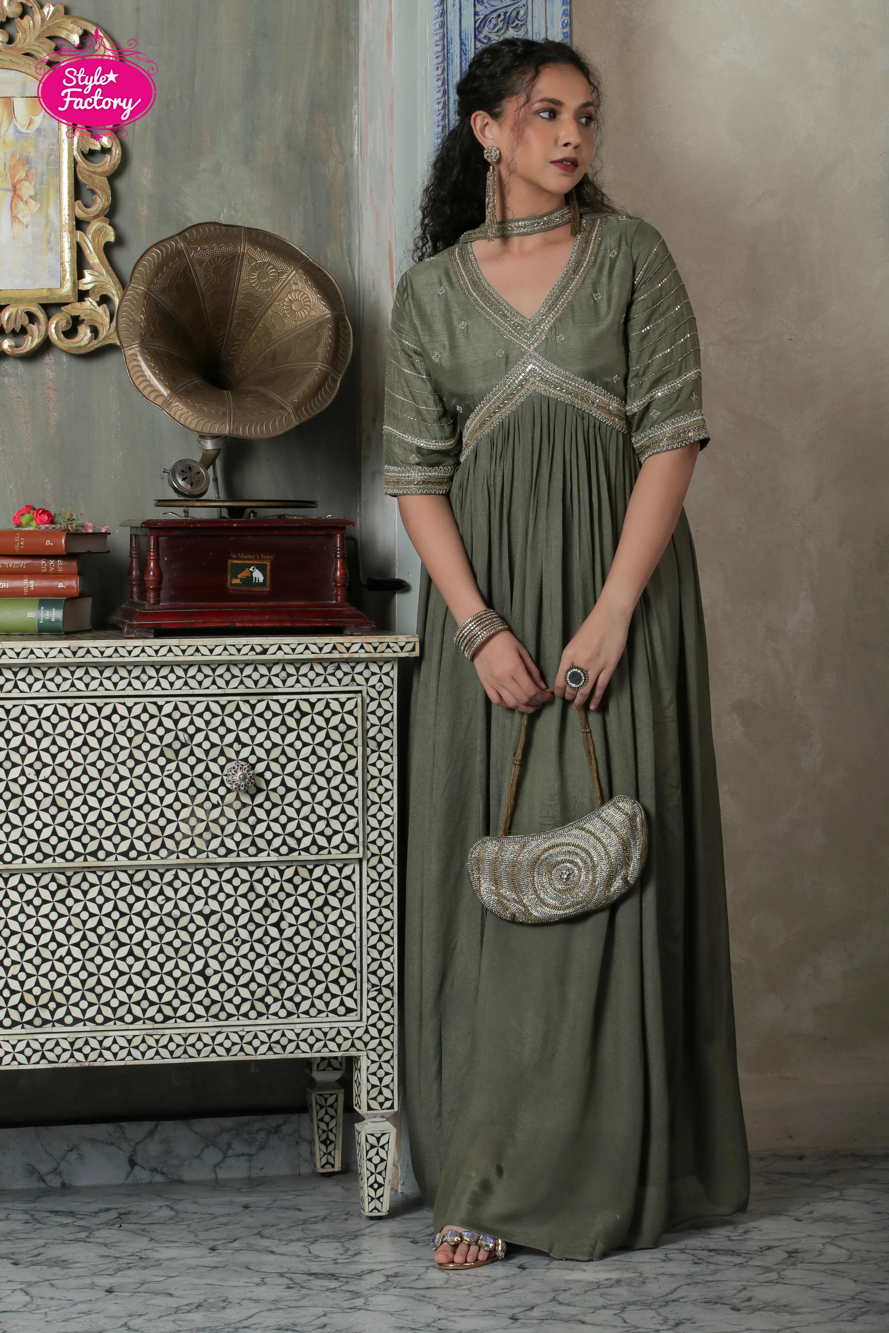 Sage Green Embroidered Anarkali Suit with Choker Dupatta