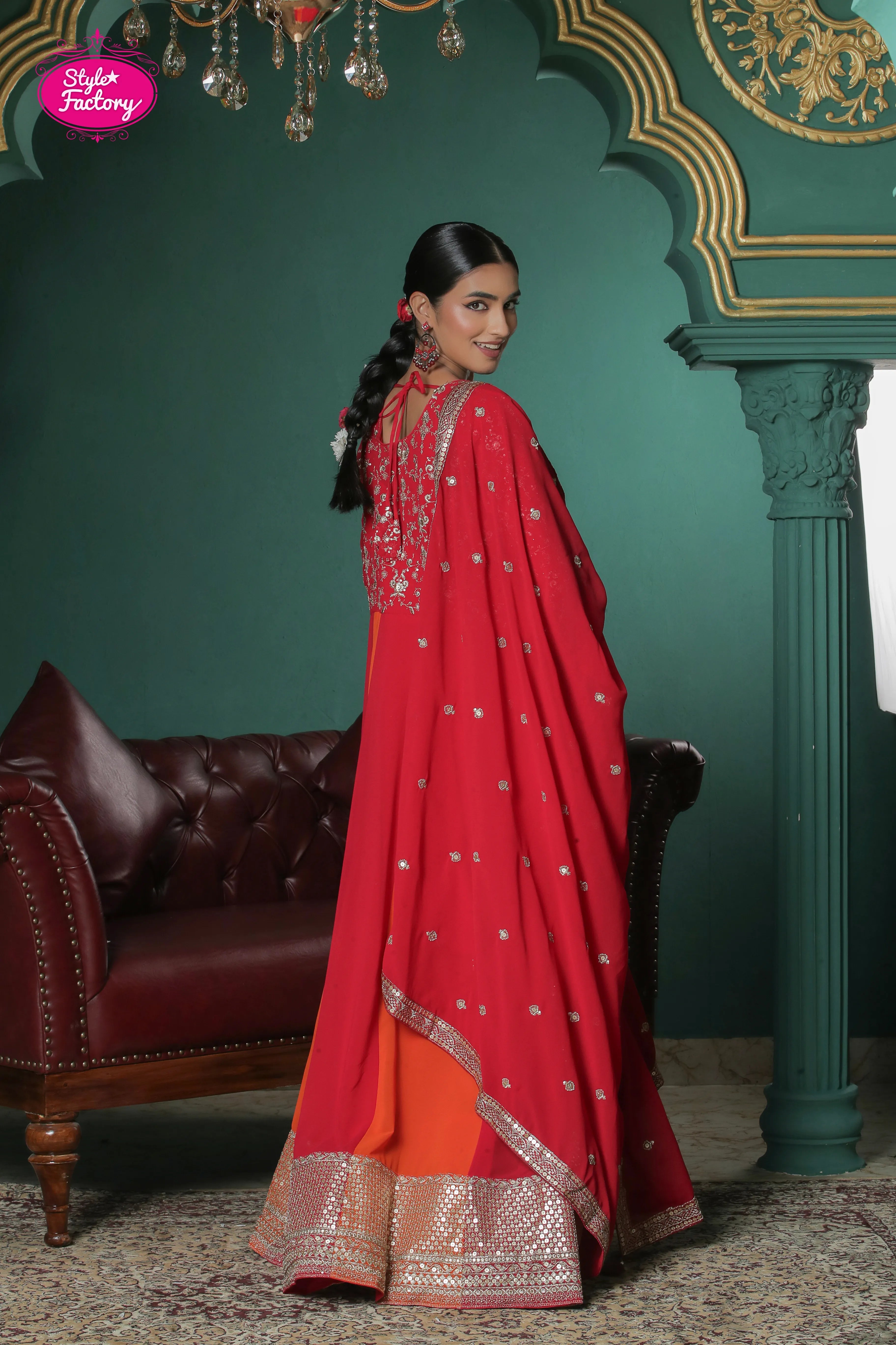 Orange & Red Rani Chinon Embroidered Anarkali Suit