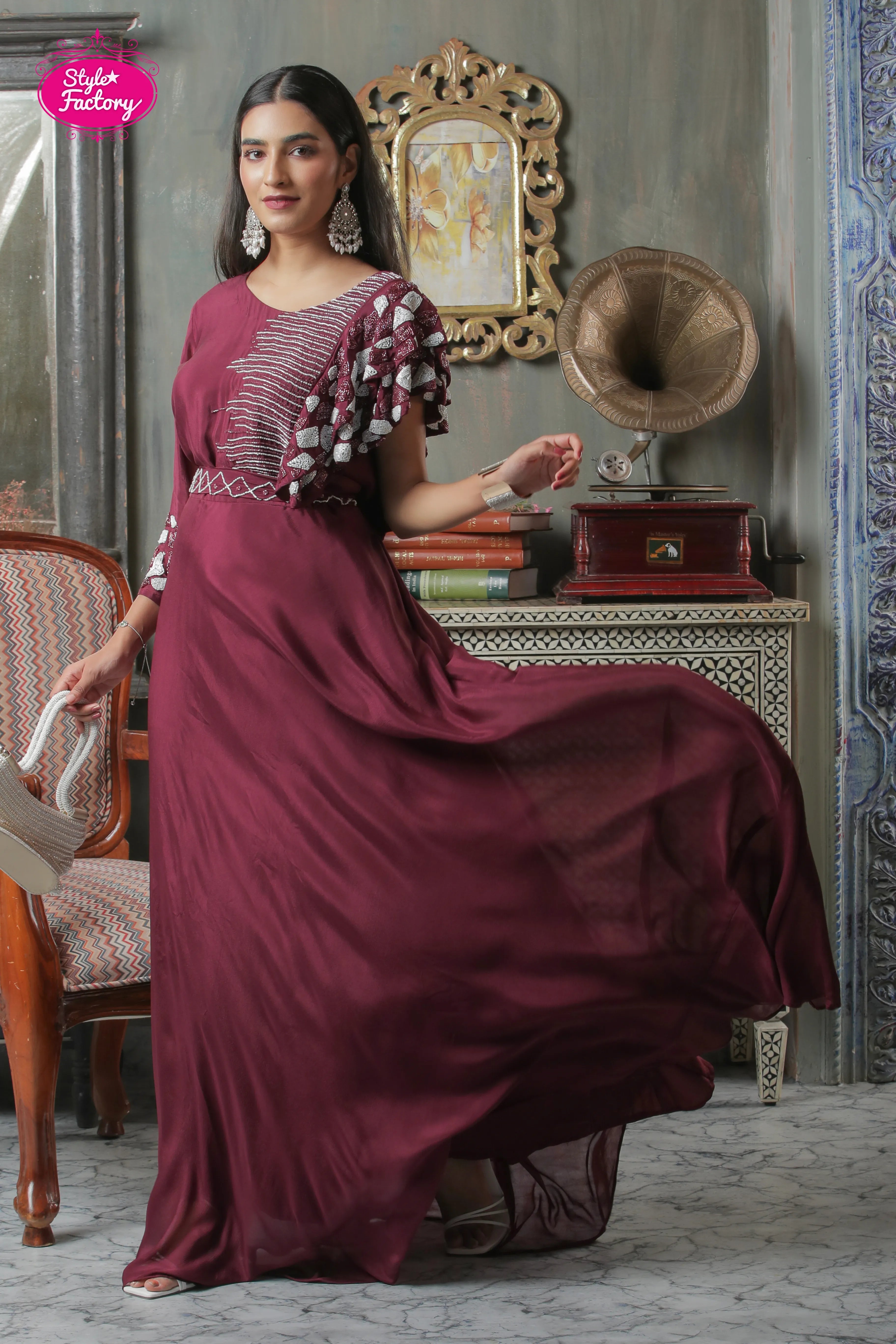 Wine Ruffle Sleeve Embroidered Gown