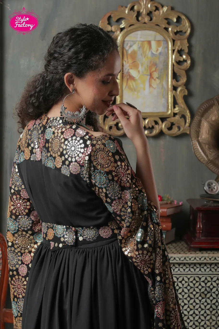 Black Anarkali Stylish Gown with Multicolor Thread Work