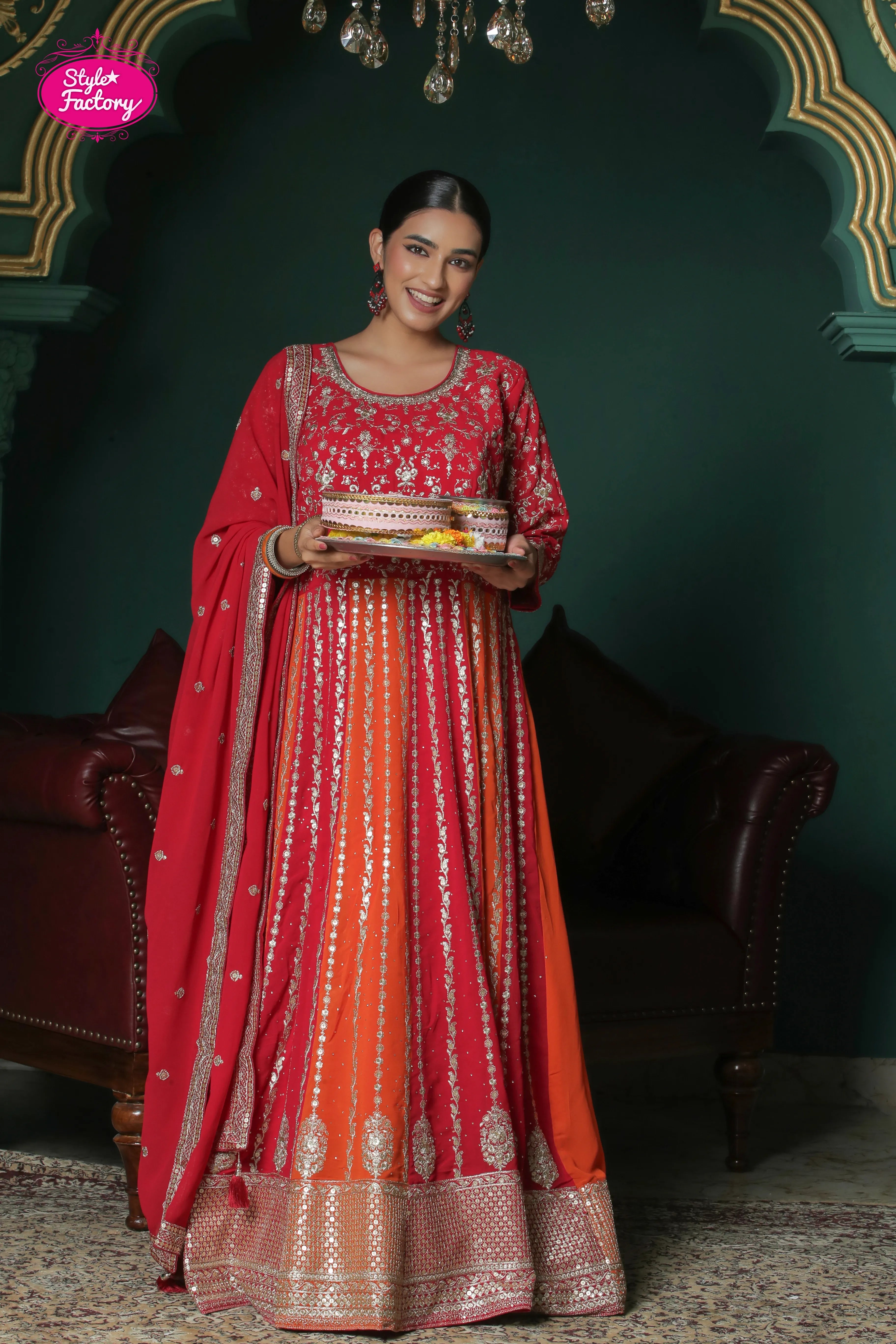 Orange & Red Rani Chinon Embroidered Anarkali Suit