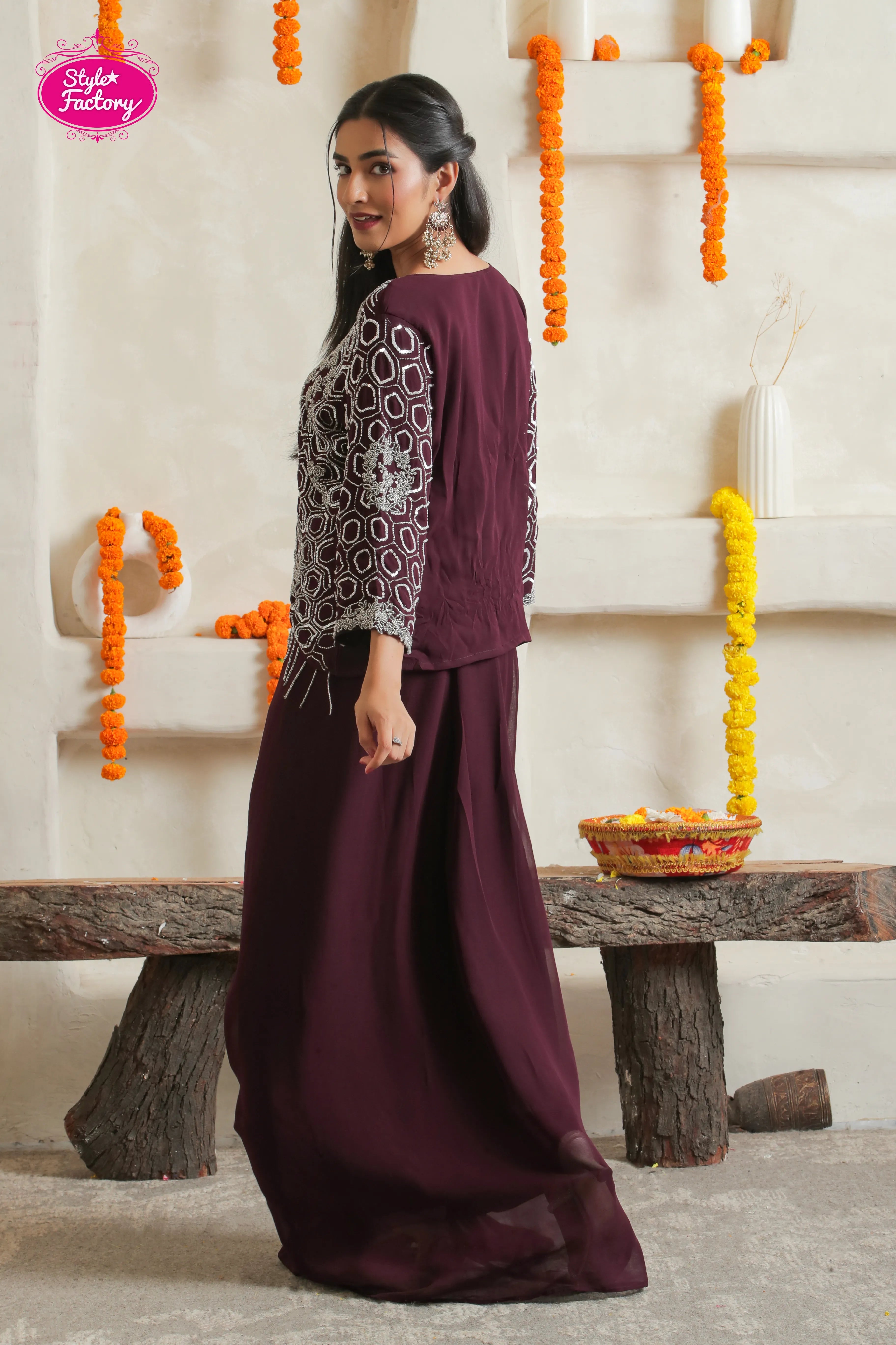 Wine Embroidered Drape Skirt Dress