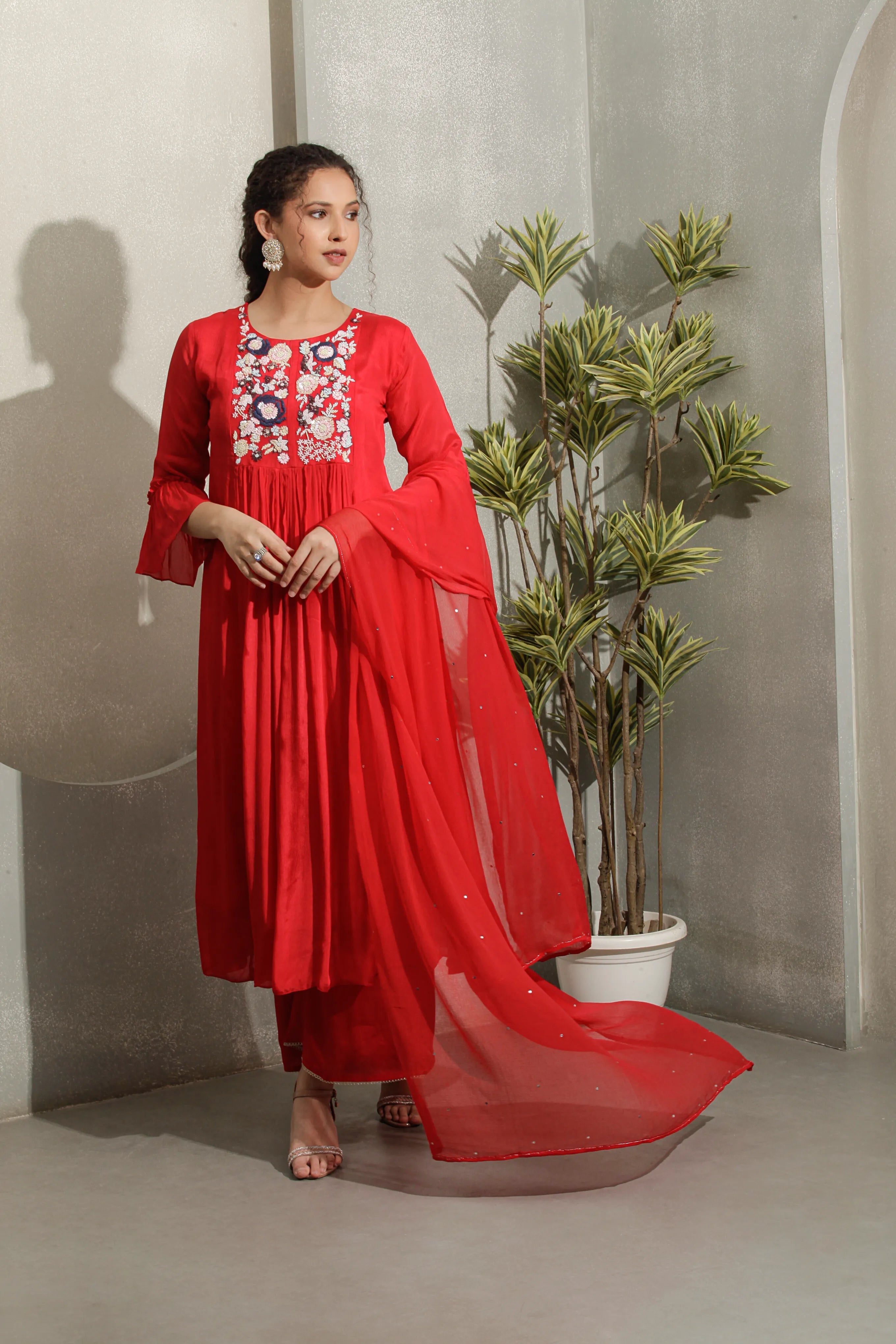 Cherry Red A-Line Kurta Set with Pant & Dupatta