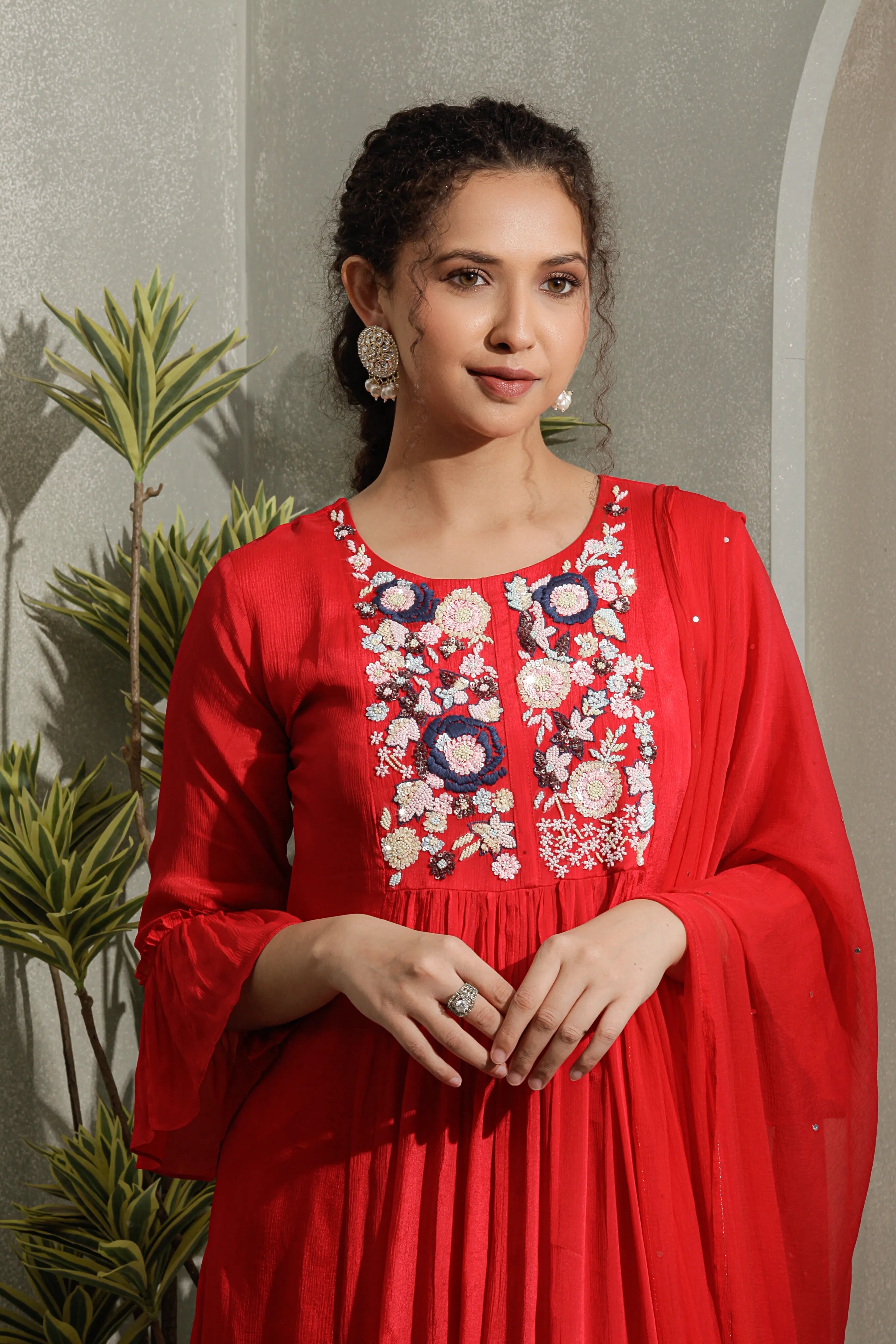 Cherry Red A-Line Kurta Set with Pant & Dupatta
