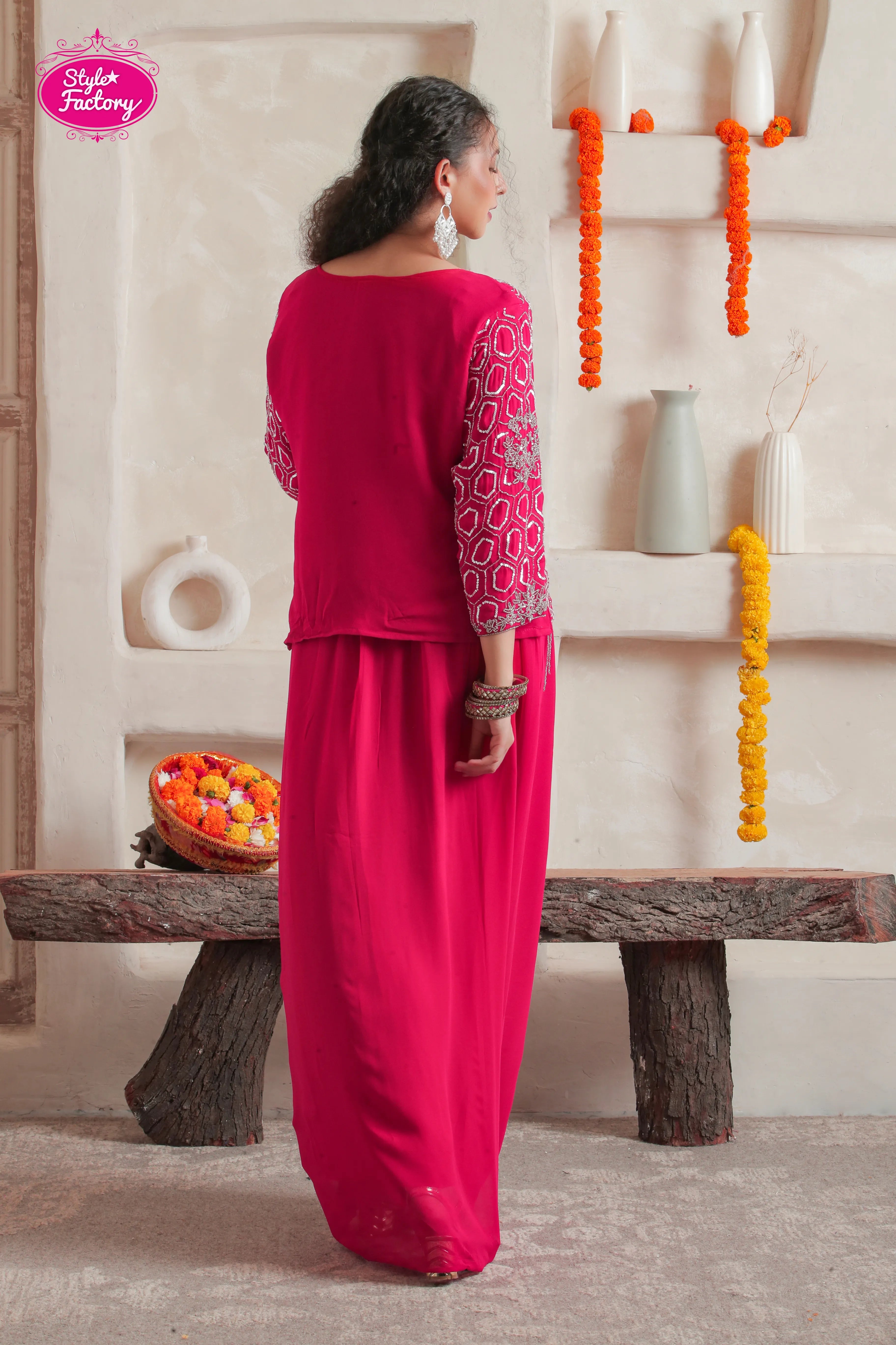 Pink 3-Piece Drape Dress with Embroidered Long Jacket